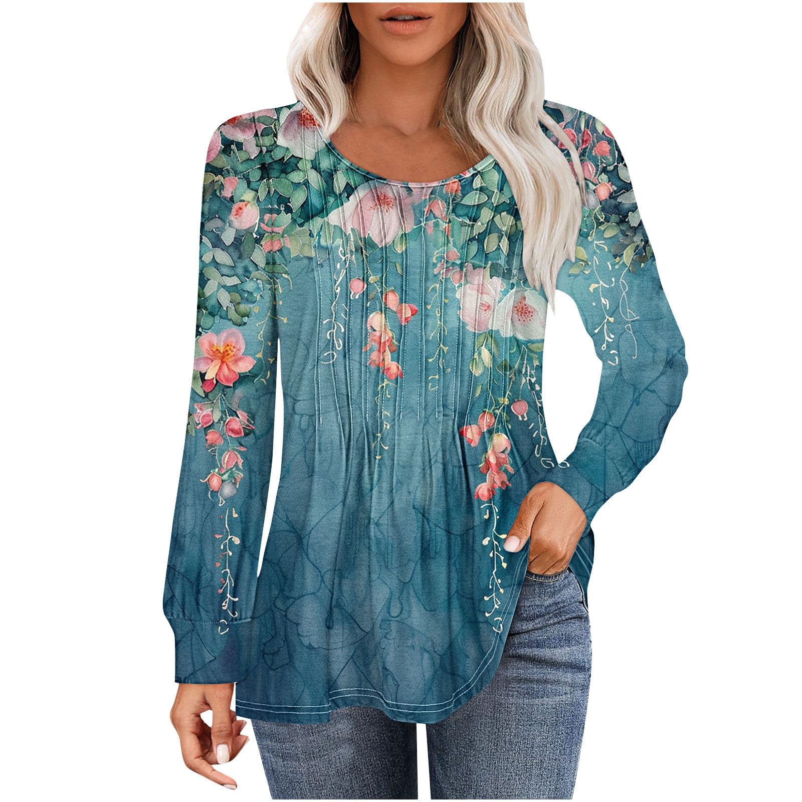 Women's Long Sleeve Floral Crew Neck Blouse - Elegant Casual & Travel Tops for Work, Date Night & Weekend Outings
