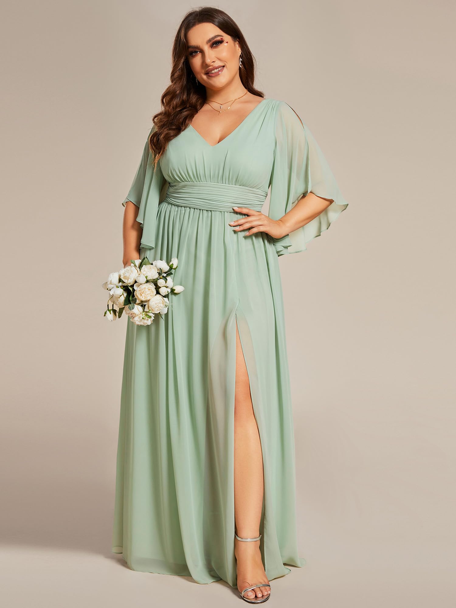 Ever-Pretty Plus Size Women's V-Neck A-Line Floor-Length Bridesmaid Dress with Slit & Half Sleeves (Style 01886-DA) - Perfect for Weddings, Formal Events & Special Occasions