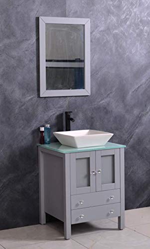 24 Inch Wooden Floor-Standing Bathroom Vanity with Ceramic Vessel Sink, Mirror, Faucet & Drain Included - Modern Grey Bathroom Set for Master Bath, Guest Bath & Powder Room Renovations