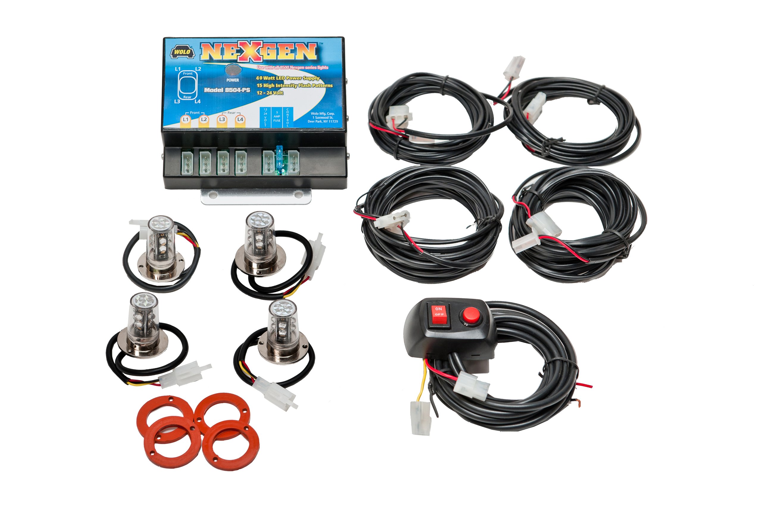 Wolo NexGen 40W Power Supply Gen 3 LED Emergency Warning Light Kit - 2 Blue & 2 Red LED Heads for Trucks, Emergency Vehicles & Off-Road Use