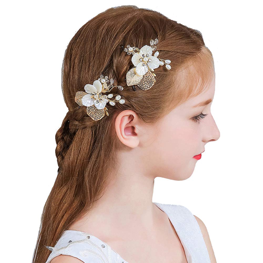 PRDGIRL Pearl Hair Clips for Wedding - Bridal Hair Accessories for Women & Girls (Pack of 2, Gold) - Perfect for Flower Girls & Brides