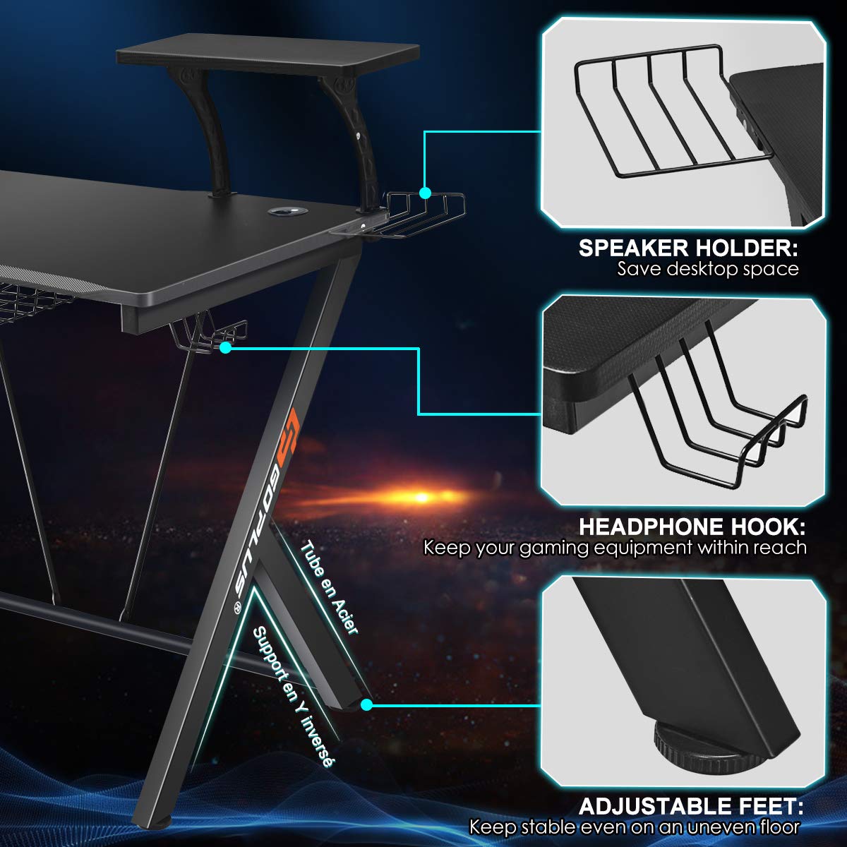 PowerStone 52 Inch Gaming Desk with Monitor Shelf, Storage Basket, Cup Holder & Headphone Hook - Ergonomic Racing Style Computer Desk for PC Gamers & Streamers - Perfect for Esports, Home Office & Gaming Setups