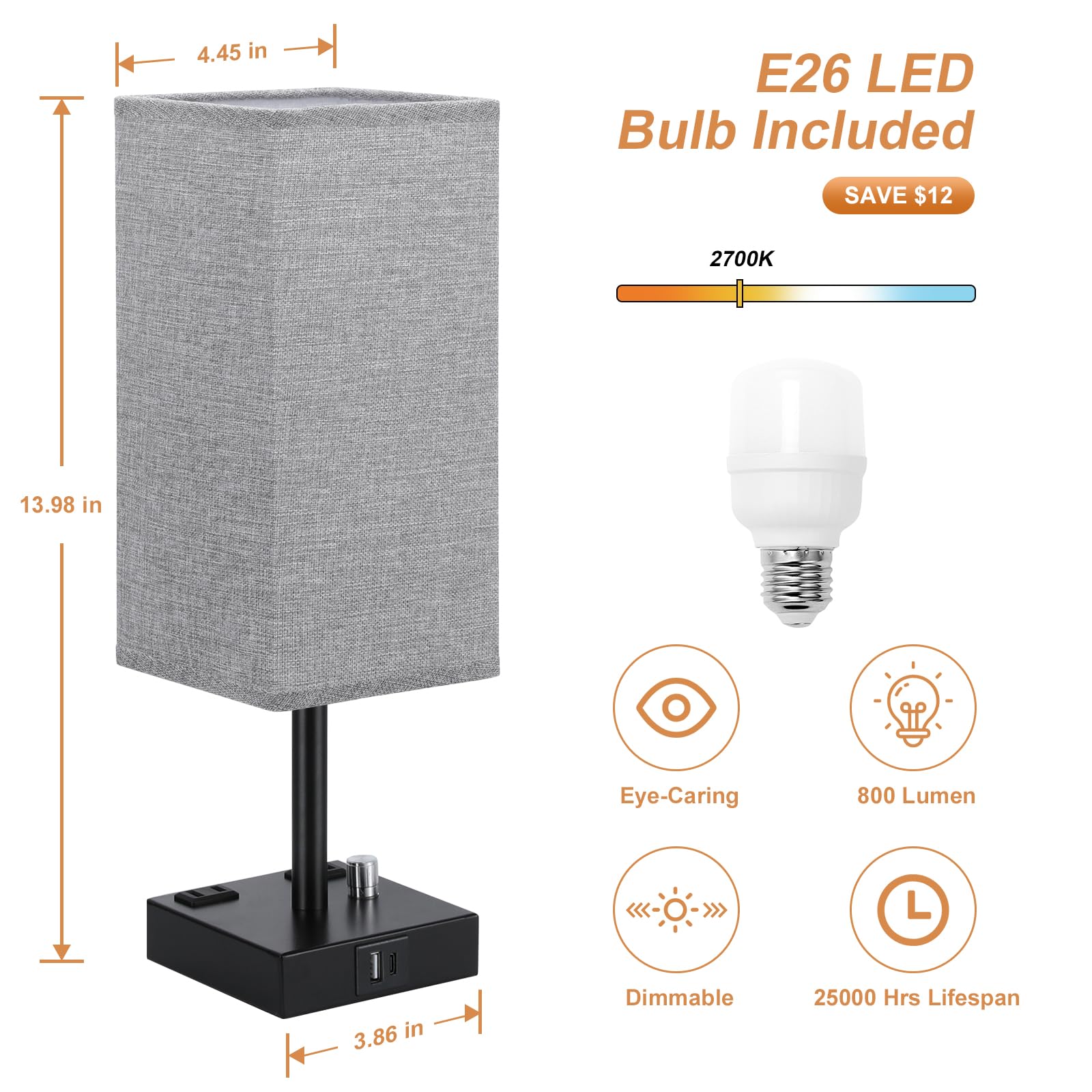 Gray Fully Dimmable Nightstand Lamps Set of 2 - USB C+A Charging & 2 AC Outlets Table Lamps with Linen Shade for Bedroom, Living Room, Office (Bulb Included) | Perfect for Reading, Charging Devices & Creating Cozy Ambience
