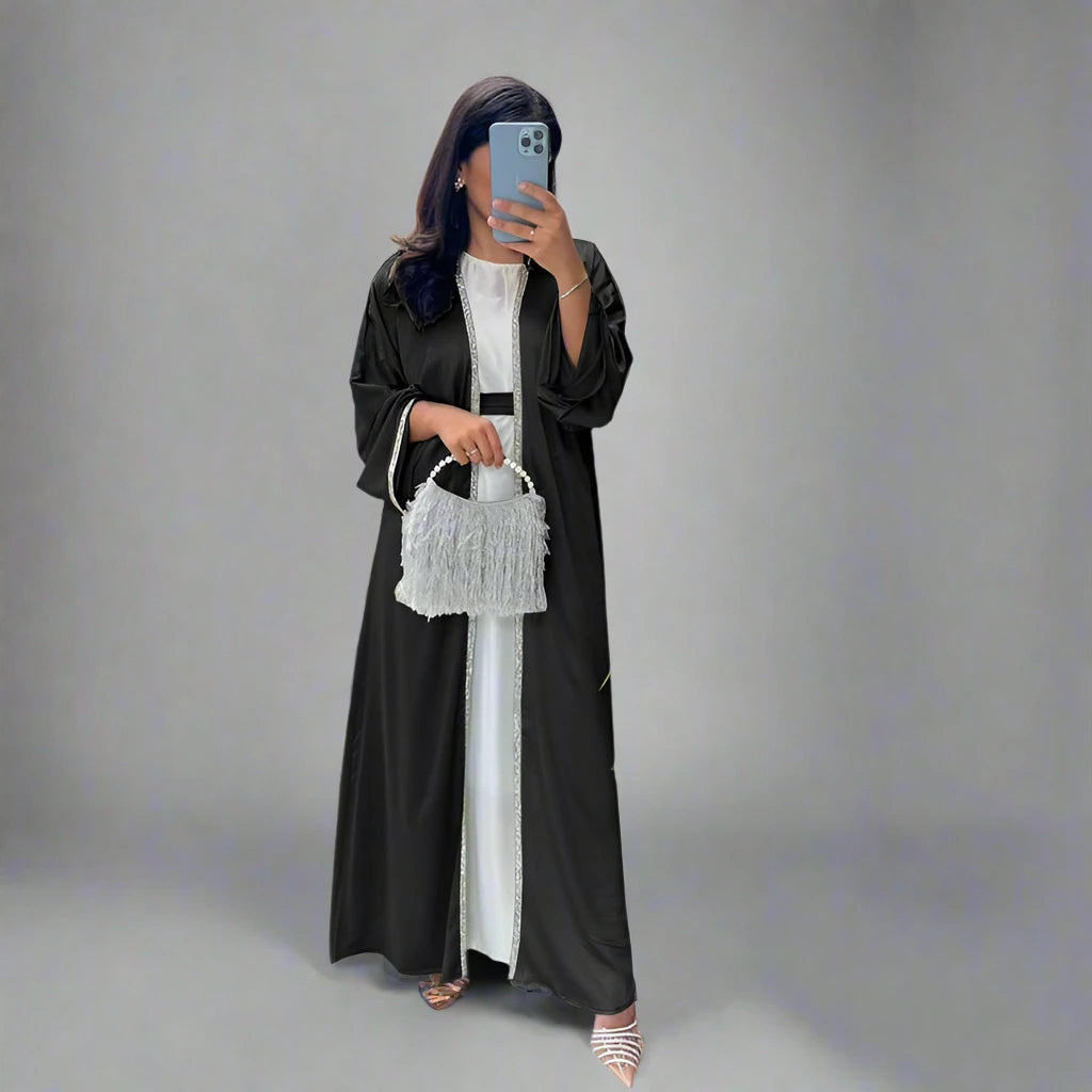 Hotfix Rhinestone Embellished Soft Light Satin Cardigan Open Abaya Dress - Elegant Muslim Women's Cover Up for Weddings, Parties & Special Occasions