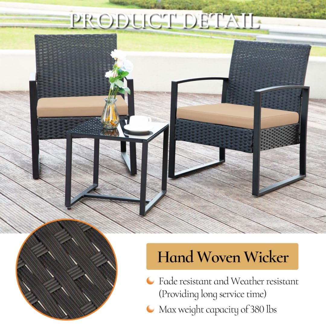 3-Piece Outdoor Patio Furniture Set - Black Wicker Bistro Set with 2 Chairs, 2 Cushions & Glass Coffee Table for Garden, Balcony, Backyard, Porch | Durable Weather-Resistant Wicker & Comfortable Brown Cushions | Perfect for Relaxing, Entertaining Guests or Enjoying Morning Coffee Outdoors