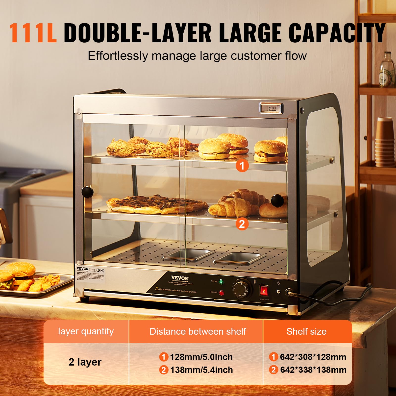 VEVOR 2-Tier Commercial Food Warmer Display - 850W Electric Countertop Food Warmer with Tempered Glass & Steam Heating, 86°F~185°F Adjustable Temperature, 111L Large Capacity for Restaurants, Cafes, Buffets - Perfect for Keeping Hamburgers, Pizza, Bread, Fried Chicken Warm and Fresh