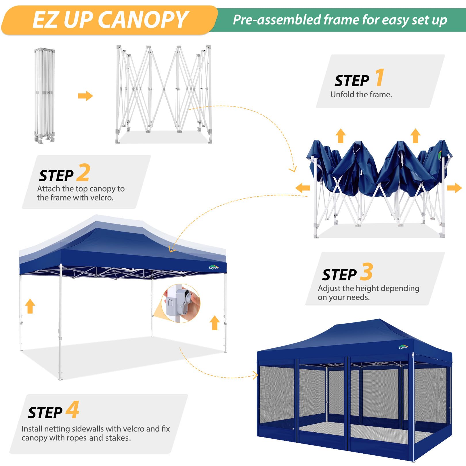 COBIZI 10x15 Pop Up Canopy Tent with 4 Sidewalls - Heavy Duty Instant Outdoor Shelter with Mosquito Net & Carry Bag | Perfect for Backyard Parties, Camping, Beach Outings & Outdoor Events (Deep Blue)