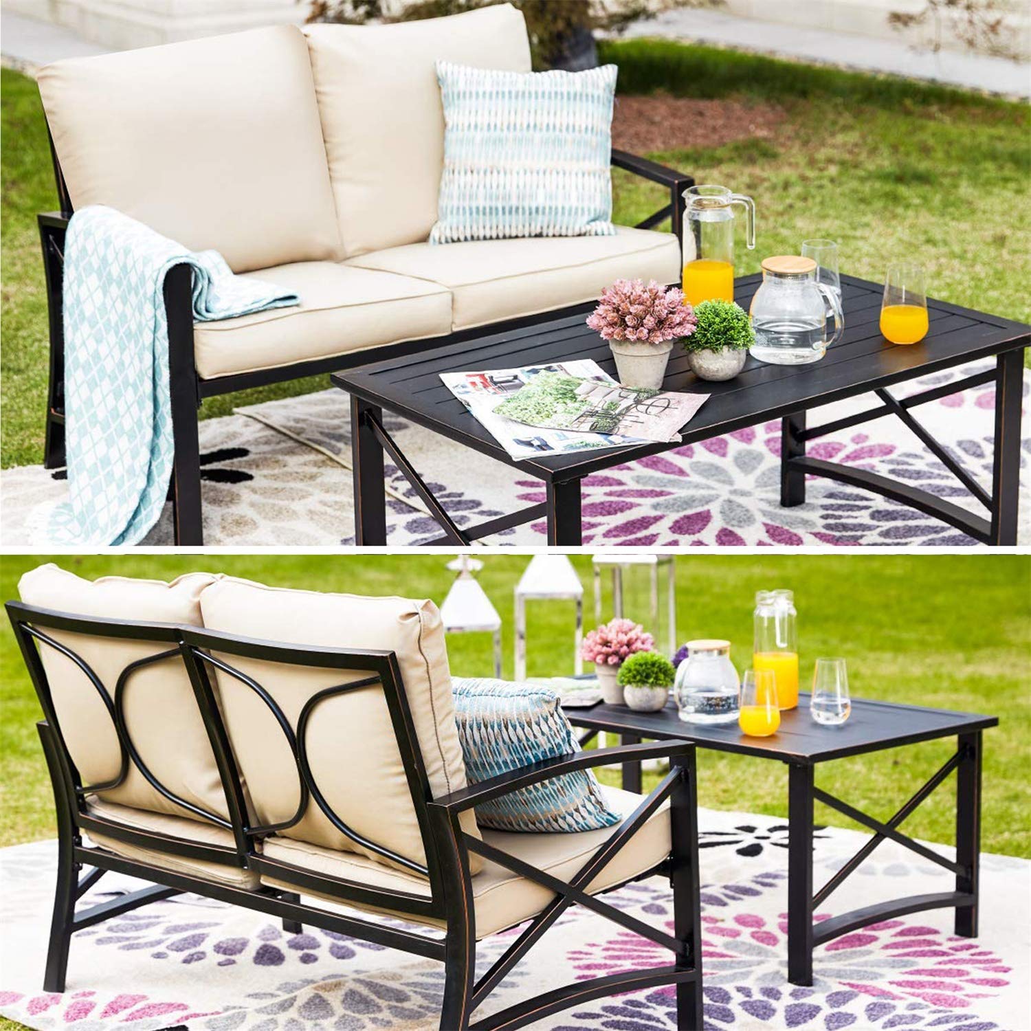 5-Piece Metal Patio Furniture Set - Outdoor Conversation Sectional with Iron Steel Frame, Loveseat & Coffee Table (Khaki) | Perfect for Backyard, Garden, Poolside & Patio Relaxation