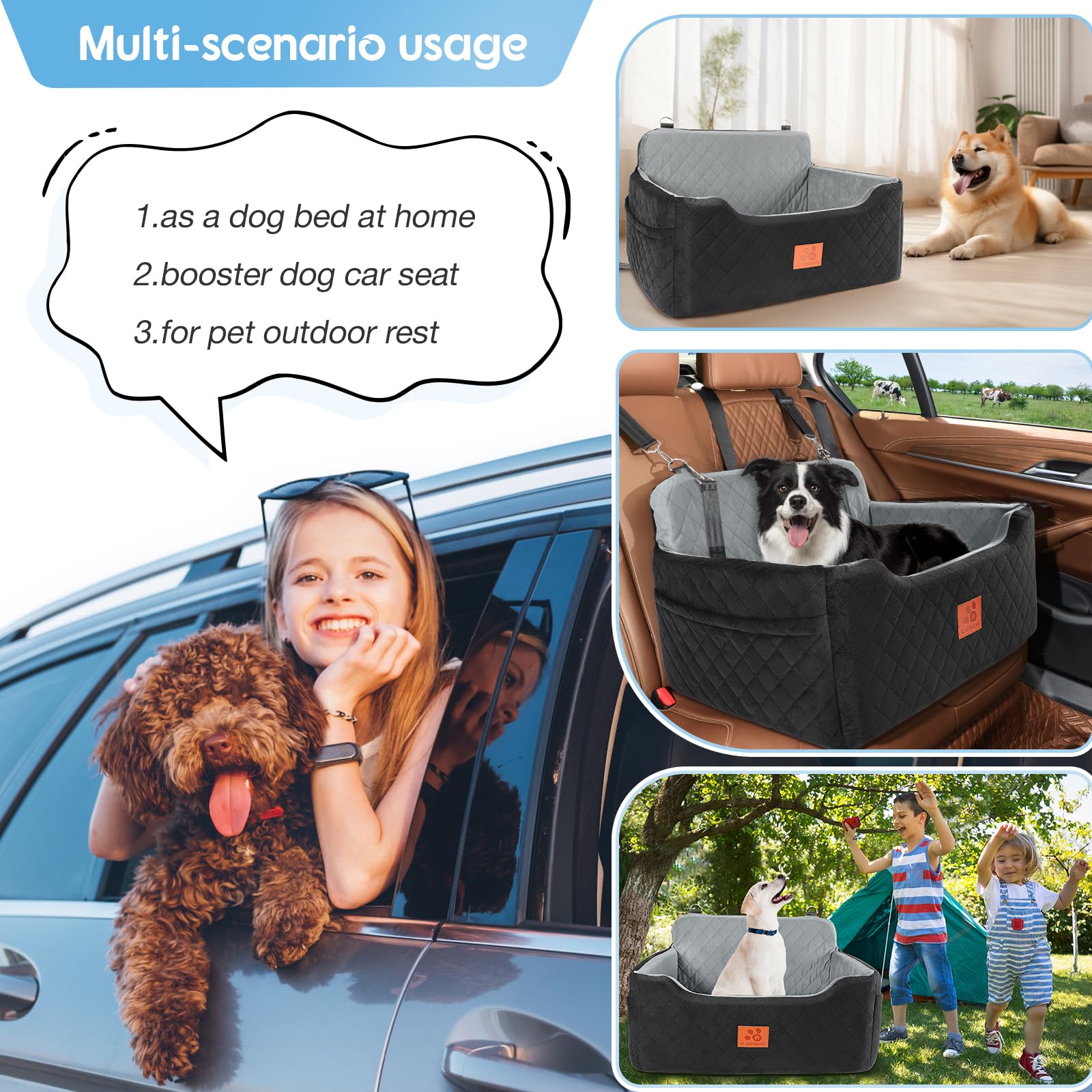 **Waterproof Dog Car Seat for Medium & Large Dogs - Detachable & Washable Pet Booster Seat for Travel, Holds Up to 50lbs or 2 Small Dogs - Multi-Functional Dog Bed & Sofa (Black/Grey) - Perfect for Road Trips & Indoor Lounging**