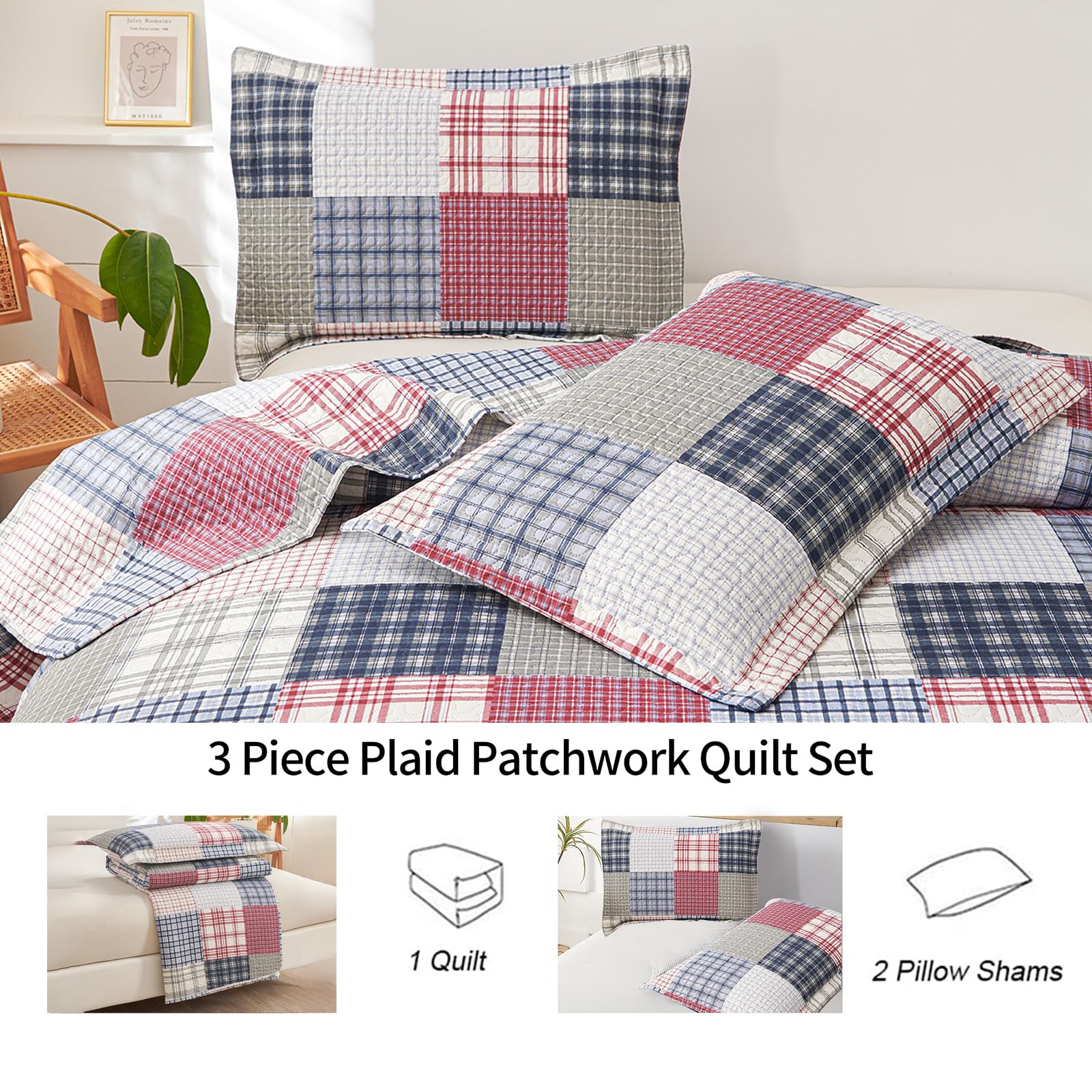 **King Size Plaid Quilt Set - Reversible Red Blue White Patchwork Bedspread Coverlet | Soft Microfiber Lightweight All-Season Bedding for Boys & Men | Perfect for Bedrooms, Dorms, and Guest Rooms**