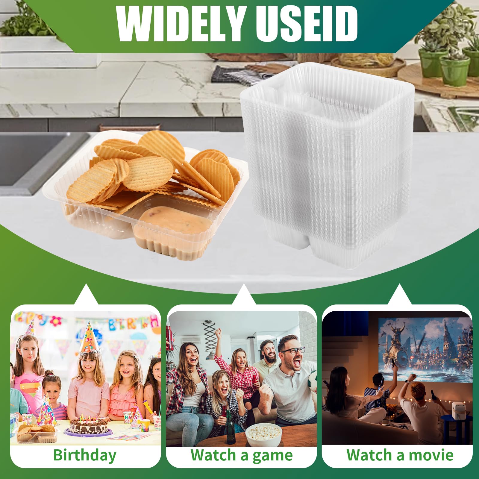200 Pcs 12oz 6x5 Inches Clear Plastic Nacho Trays - 2 Compartment Disposable Snack Containers for Nachos, Cheese Dip, Chips | Perfect for Movie Nights, Parties, Carnivals & Fair Food Serving