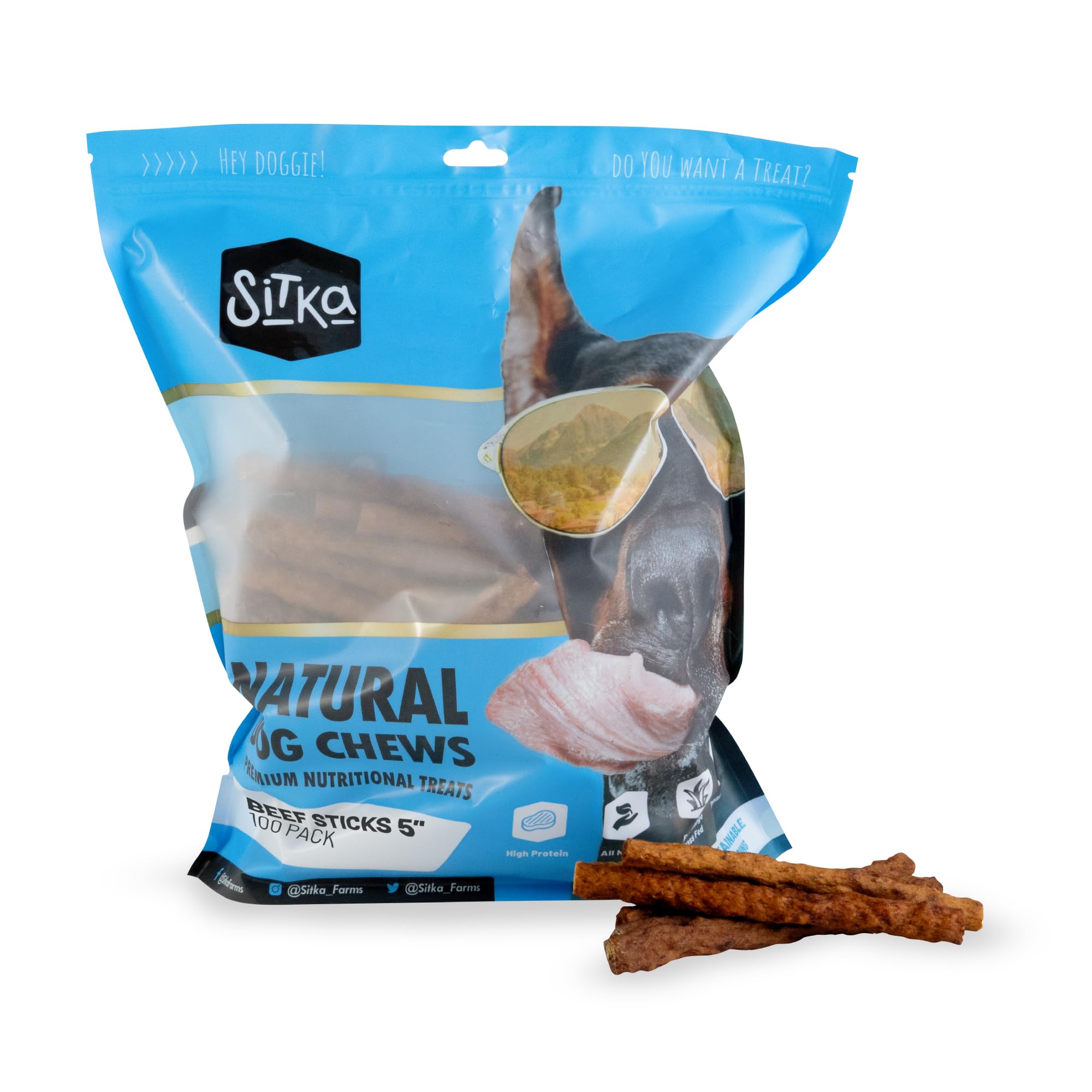 Sitka Farms 5 Inch Crunchy Beef Sticks for Dogs - High Protein Dog Treats with Bully & Collagen - 100 Count Pack for Small, Medium & Large Breeds - Perfect for Training, Chewing & Dental Health