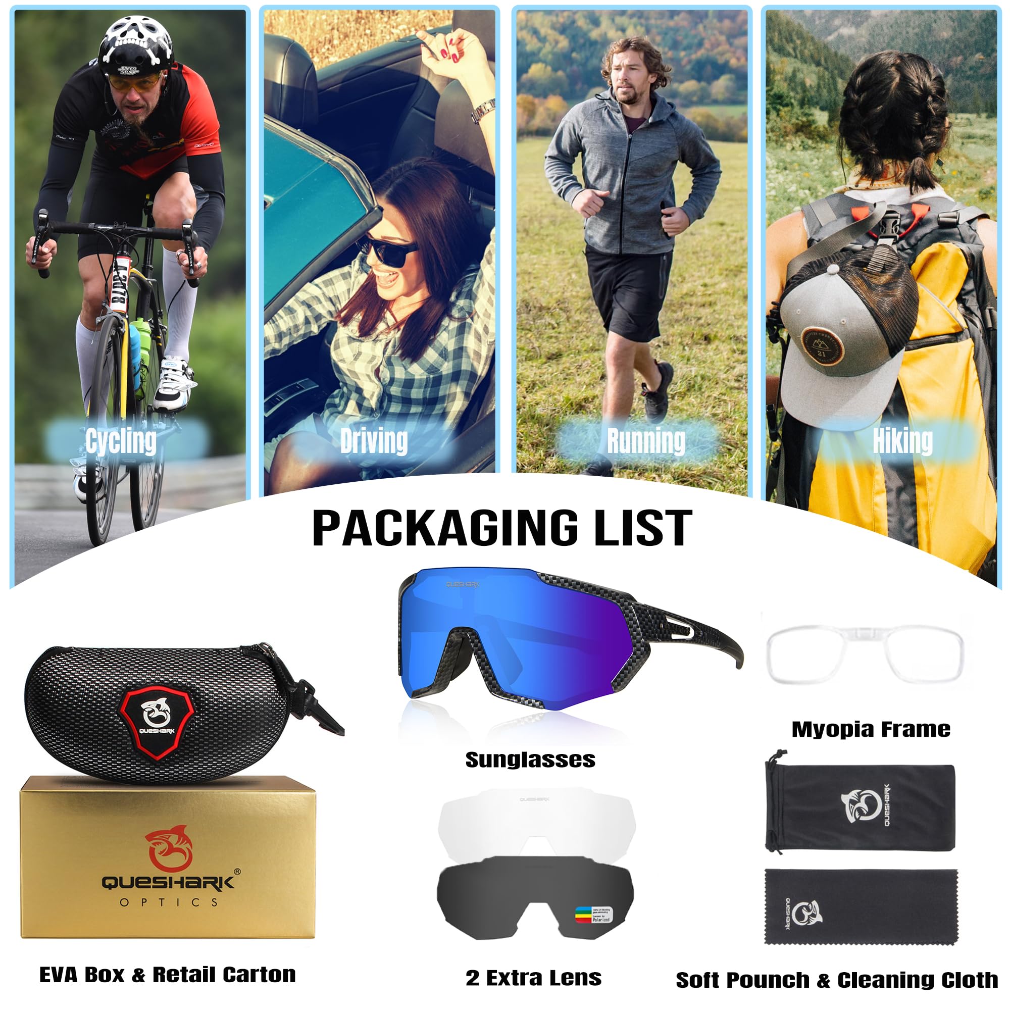 Queshark Polarized Cycling Glasses for Men & Women - UV Protection Sports Sunglasses with 2 HD Lenses - Ideal for Cycling, Running, Hiking & Outdoor Activities