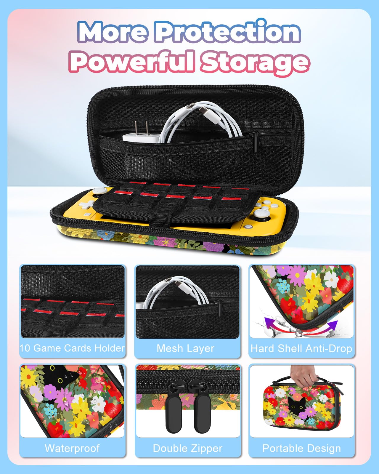Nintendo Switch Lite Carrying Case - Hard Shell Protective Cover with Cute Black Cat & Flowers Design for Girls & Boys - Travel Storage Pouch Bag for Nintendo Switch Lite 2019 - Perfect for Gaming On-The-Go & Travel Protection
