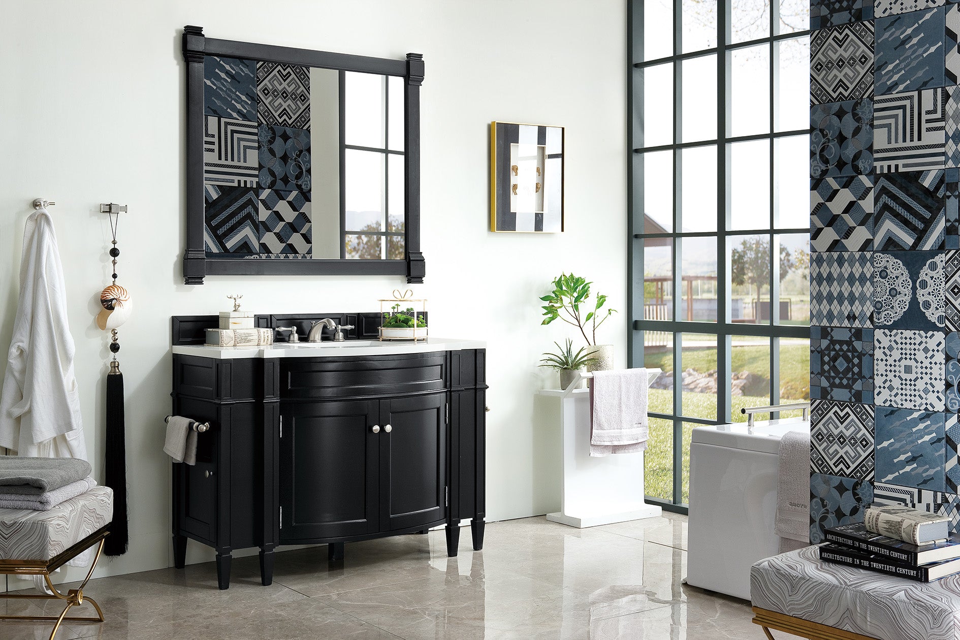 Brittany 46 Inch Single Bathroom Vanity Set - Black Onyx with 3CM White Zeus Quartz Countertop | Modern Sink Cabinet for Master Bath, Guest Bath & Powder Room