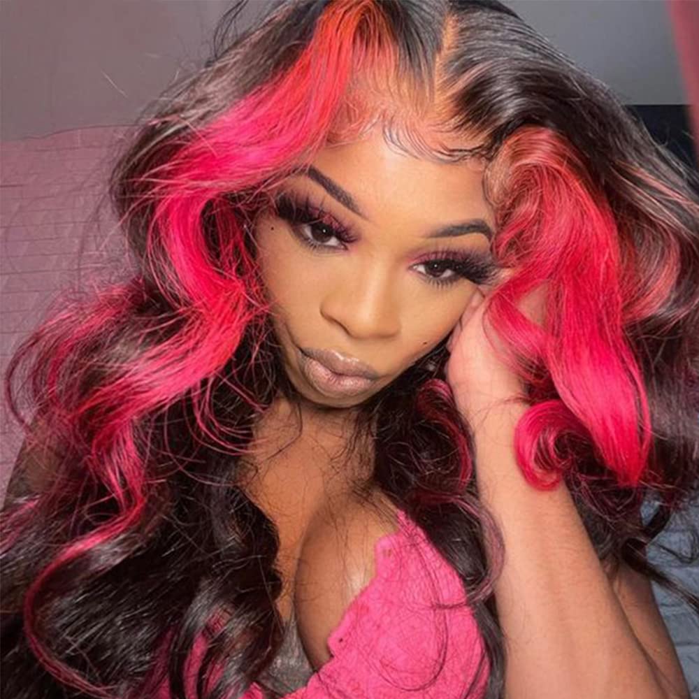 13x4 HD Lace Front Wig - Pink & Red Skunk Stripe Human Hair Wigs for Black Women | Brazilian Virgin Hair with Pre-Plucked Baby Hair | 26 Inch | Perfect for Cosplay, Parties & Fashion Looks