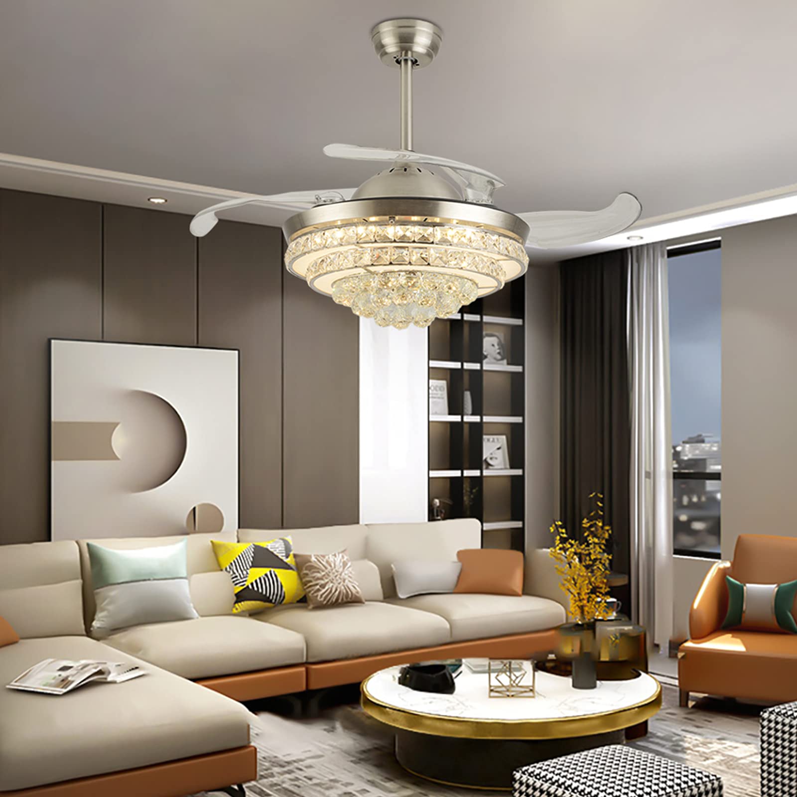 42 Inch Retractable Crystal Ceiling Fan with Remote Control - 3 Speed LED Chandelier Fan, Ultra Quiet Modern Invisible Ceiling Fan Light for Living Room, Dining Room, Bedroom - Silver | Perfect for Home Cooling & Stylish Lighting