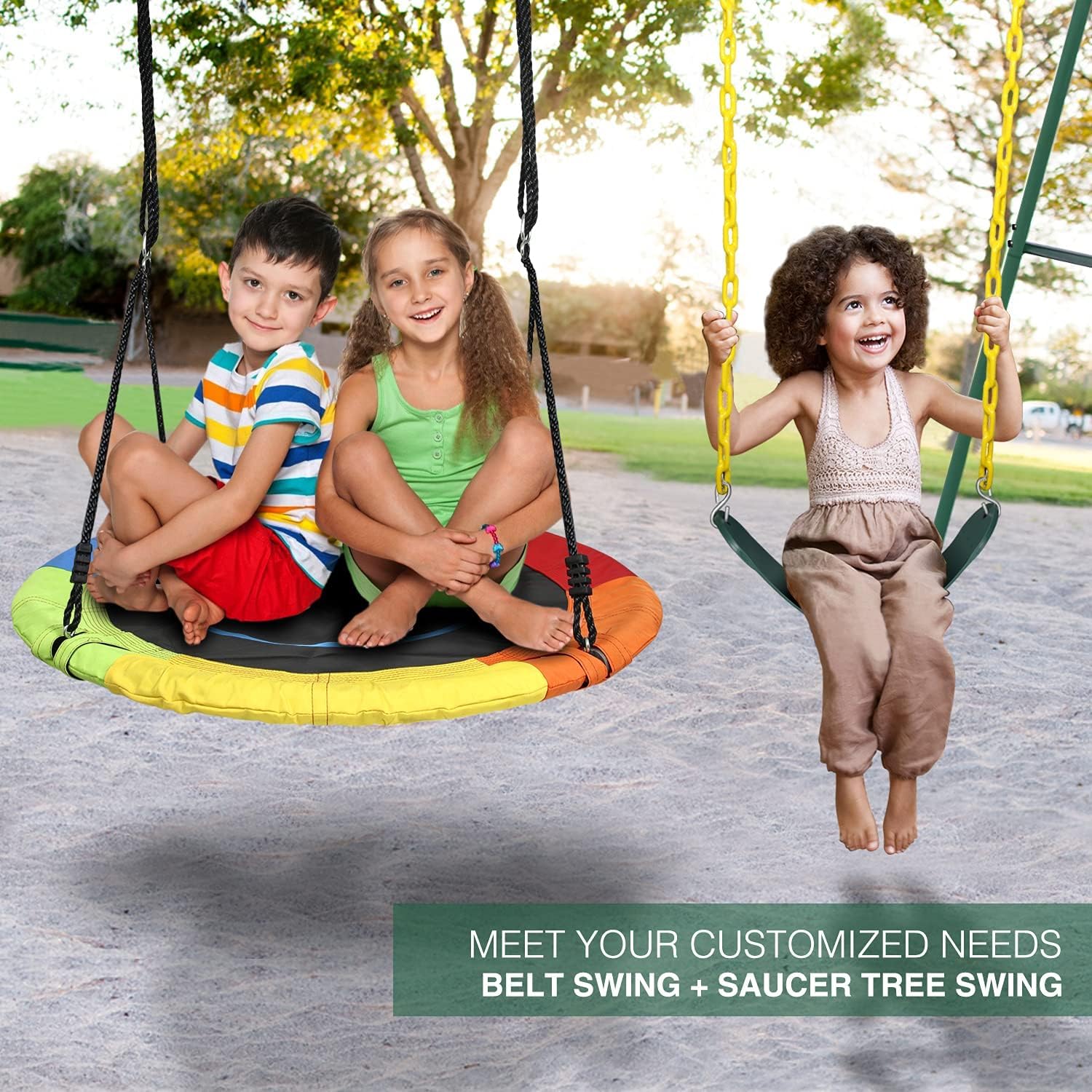 Trekassy 440lbs Capacity 2-Seat Outdoor Swing Set with Saucer Swing & Belt Swing - Heavy Duty A-Frame Metal Stand for Backyard, Playground, and Kids Playset | Perfect for Family Fun, Outdoor Recreation, and Children's Playtime Activities