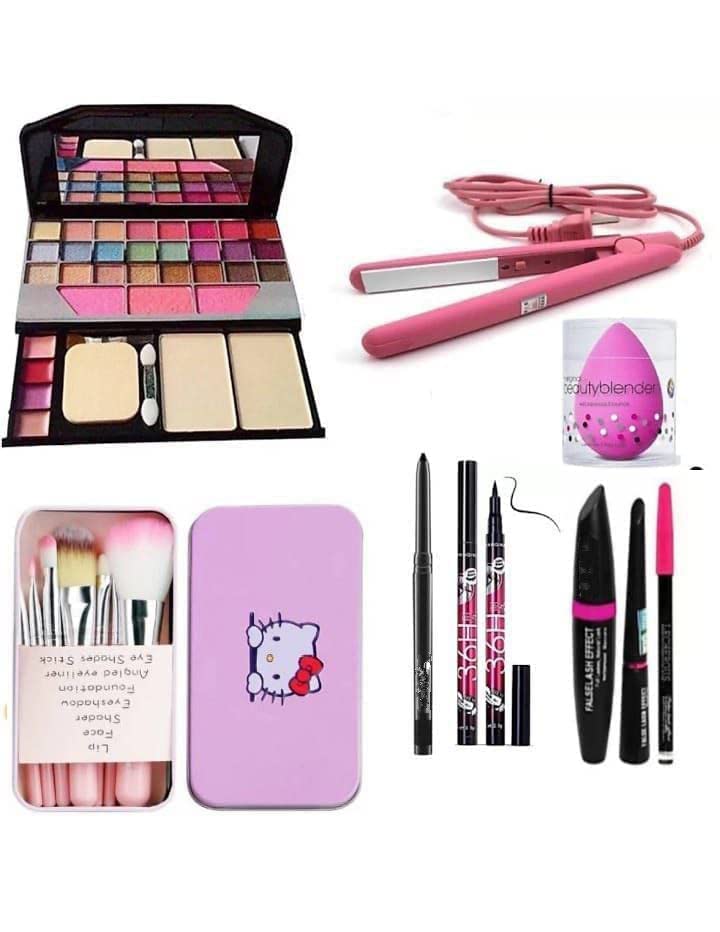BELLAS TYA 6155 Professional 15-Piece Multicolor Makeup Kit with 7 Pink Brushes, 36H Eyeliner, 3-in-1 Eyeliner Mascara Eyebrow Pencil, Kajal & Pink Blender | Includes Hair Straightener | Perfect for Travel, Bridal & Everyday Makeup Looks