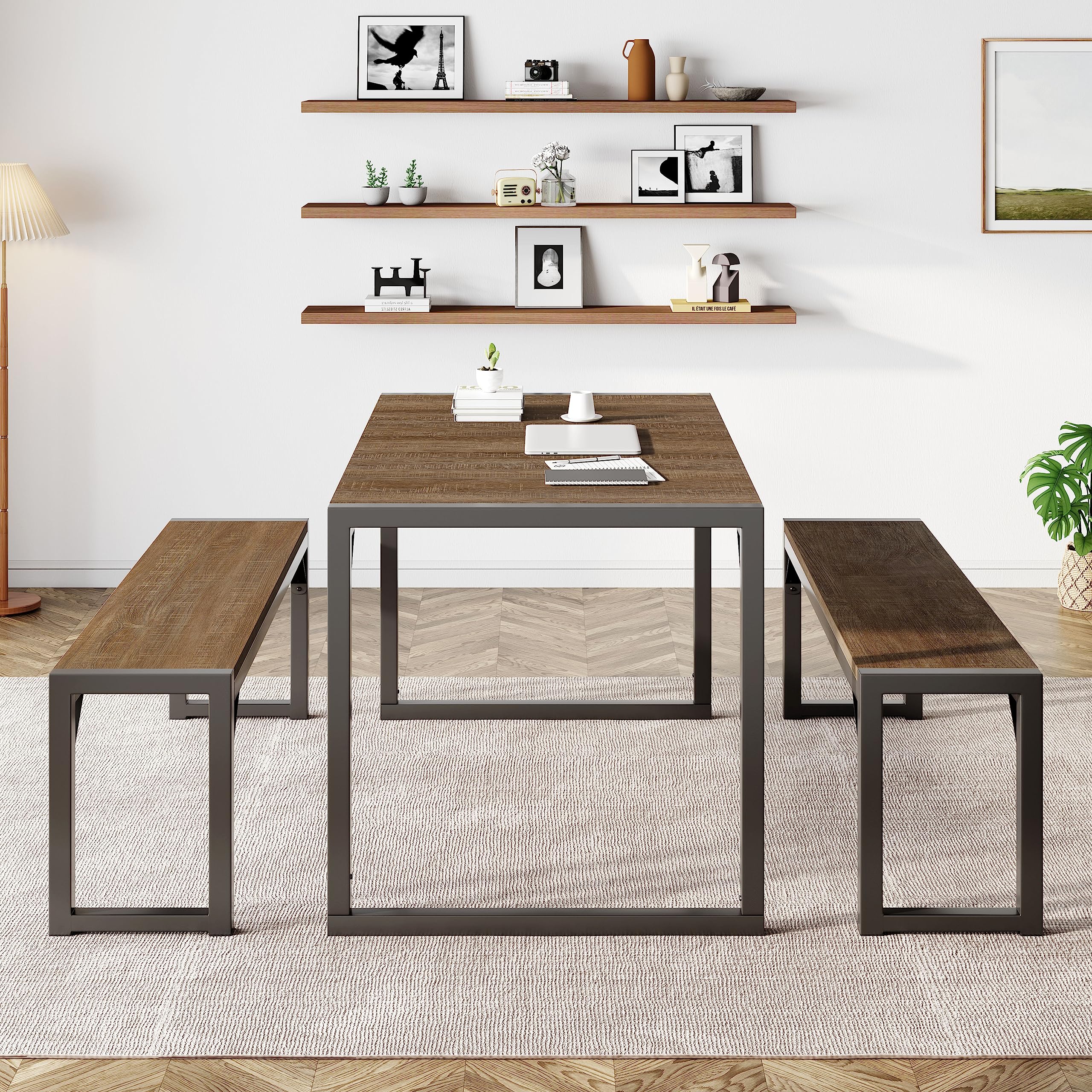IMUsee 47.2 Inch 3-Piece Dining Table Set for 4 with Benches - Heavy Duty Metal Frame, Space Saving Kitchen Dinette Set with Wood Tabletop & Gray Legs - Perfect for Small Apartments, Breakfast Nooks and Cozy Dining Areas