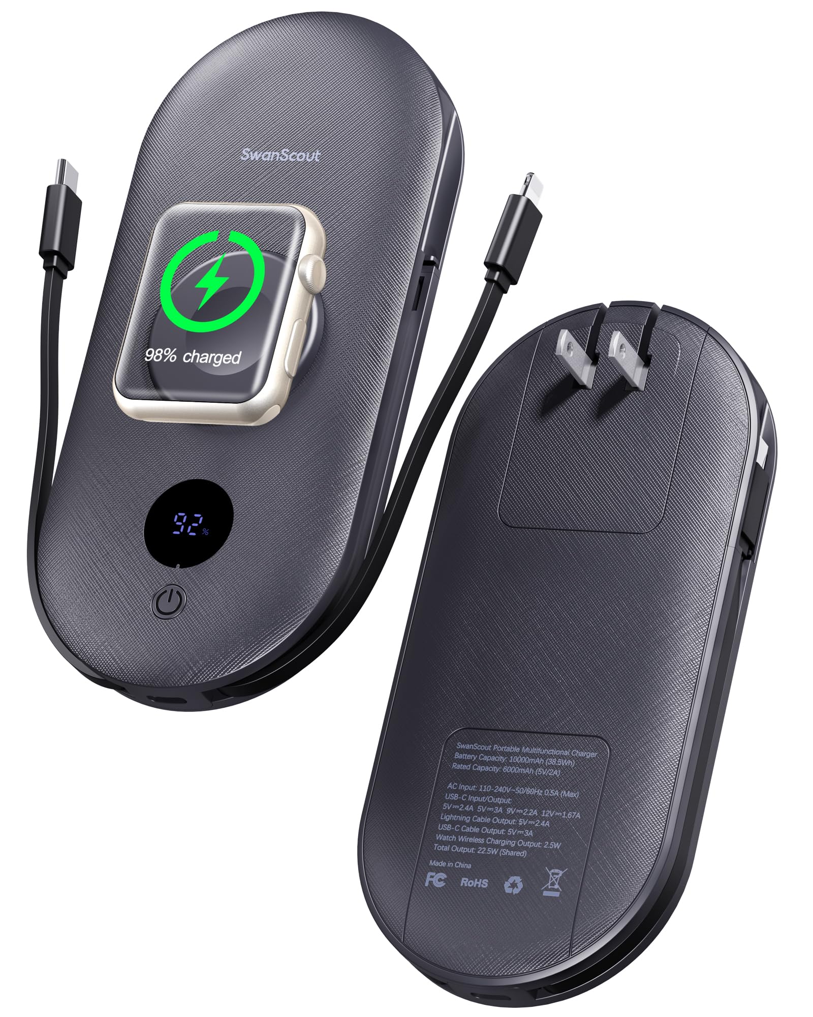 SwanScout 302A 10000mAh Portable Charger with Built-in Apple Watch Charger - Power Bank for iPhone, iPad, AirPods & Android Phones - Includes USB Cables & AC Wall Adapter - Perfect for Travel, Camping & Emergency Charging