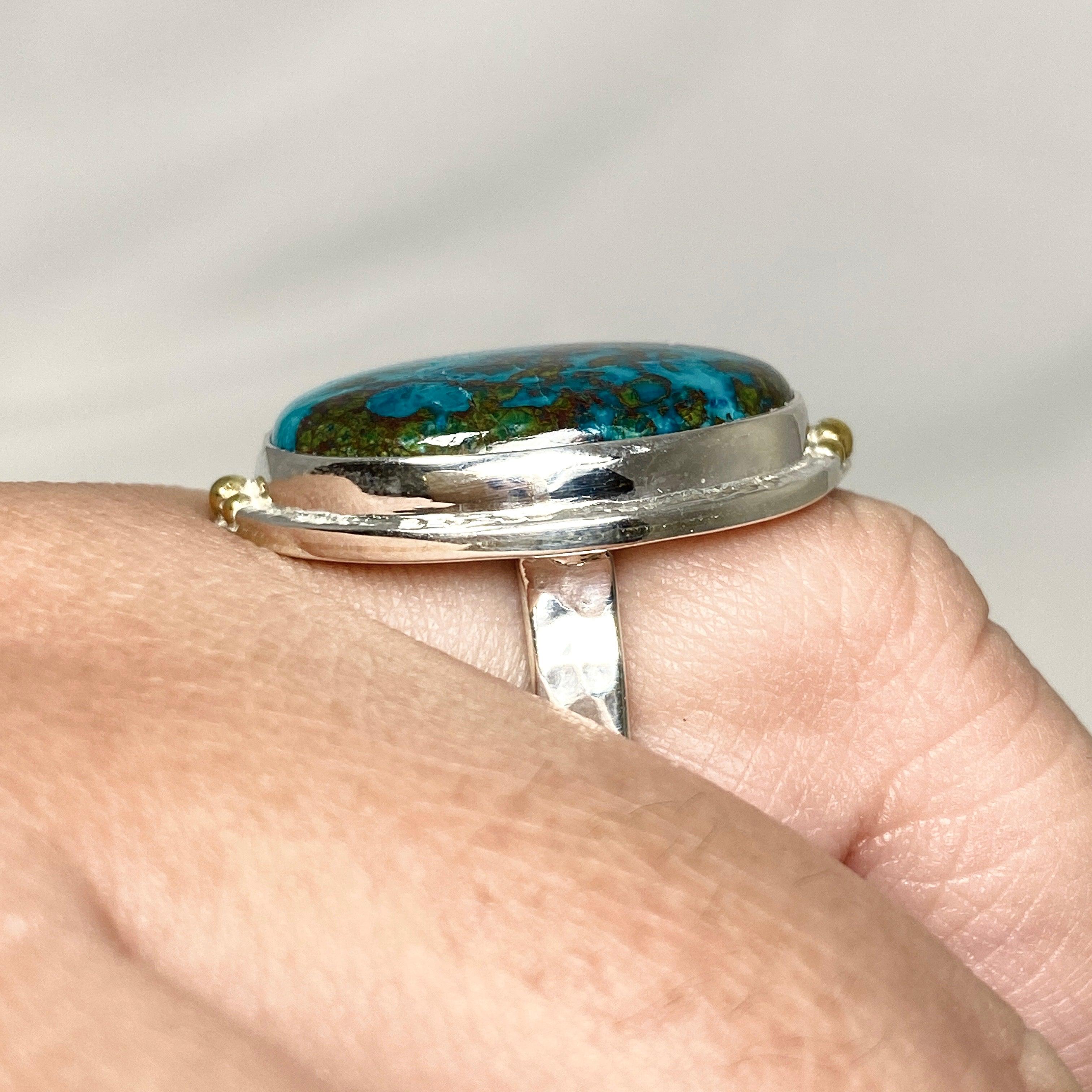 Chrysocolla and Shattuckite Oval Ring with Brass Accents - Size 11 - KRGJ3226 - Perfect for Boho Jewelry Lovers & Spiritual Healing