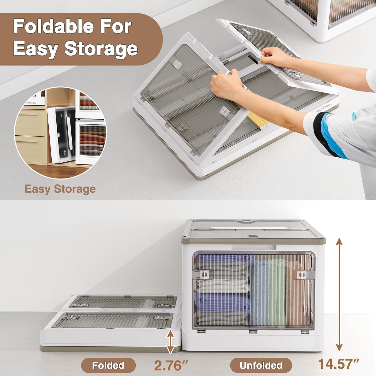 4-Pack Stackable Collapsible Storage Bins with Lids & Wheels - 100 Gallon Plastic Storage Containers with 5 Doors - Foldable Closet Organizers for Home, Garage & Office Organization - White Storage Bins for Shelving, Cabinets & Underbed Storage
