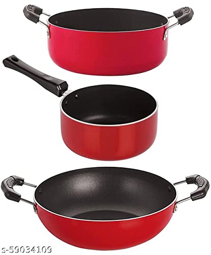 Nonstick Aluminum Cookware Set of 3 - Oil-Free Sauce Pan, Casserole & Kadhai for Healthy Cooking | Perfect for Indian Curry, Pasta & Stir Fry | Dishwasher Safe Kitchenware Combo