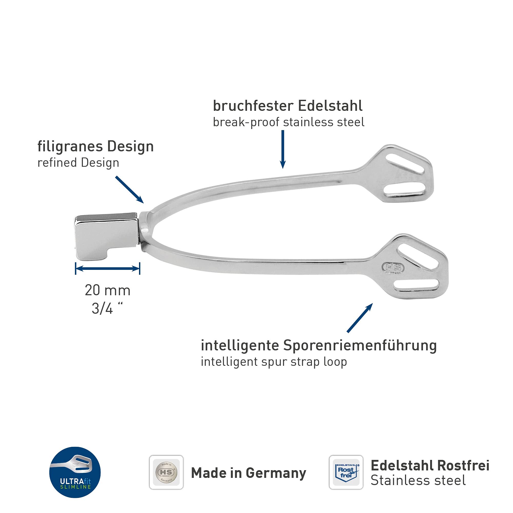 Herm Sprenger Ultra Fit Slimline Hammer End English Spur - 20mm Neck | Equestrian Riding Spurs for Dressage & Horse Training | Perfect for Professional Riders & Trainers