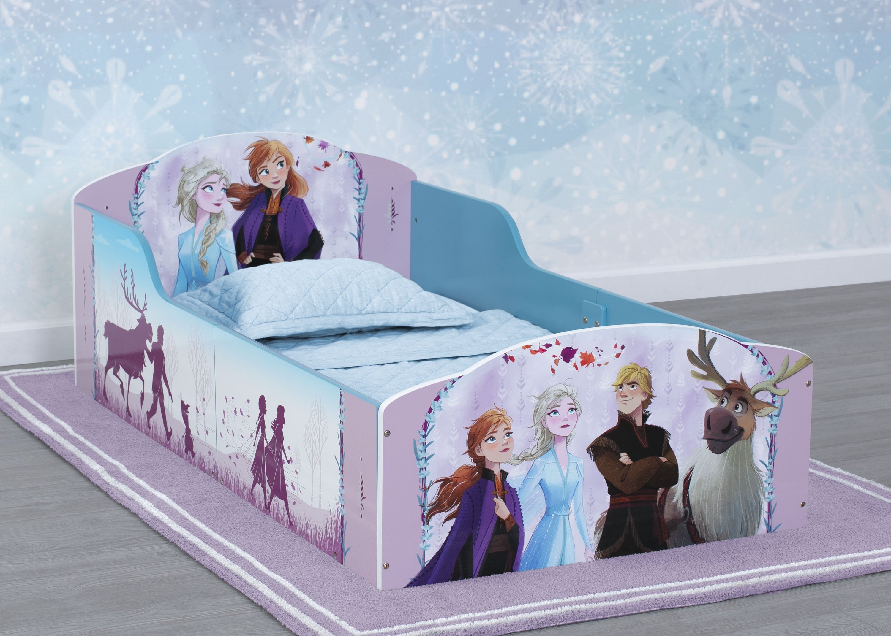 Frozen II Wooden Toddler Bed for Kids - Disney Princess Themed Toddler Bed with Safety Rails - Perfect for Nursery, Bedroom, and Playroom Decor
