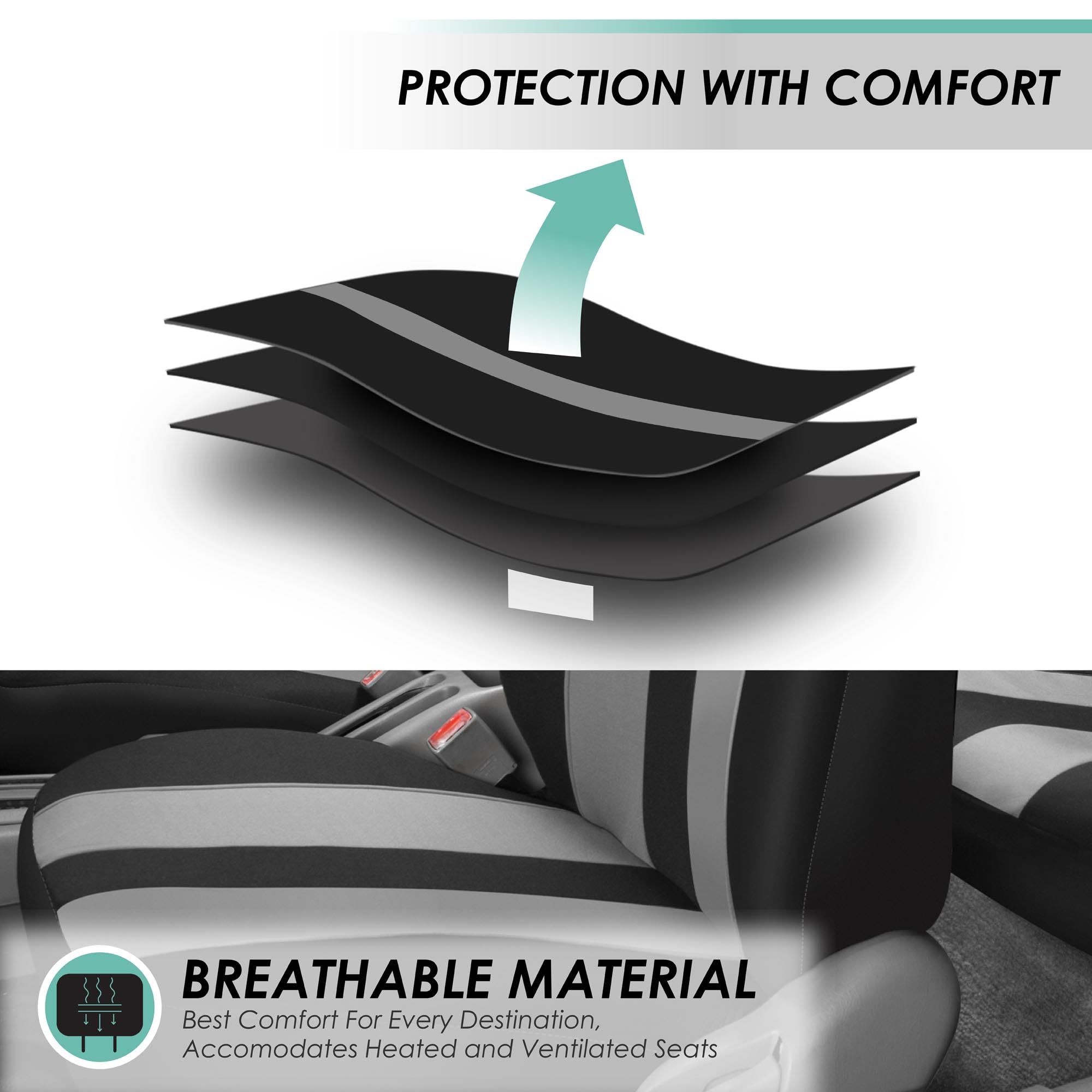 FH Group Universal Low Back Car Seat Covers Front Set - Breathable Cloth Seat Protectors with Removable Headrest | Airbag Compatible Automotive Seat Covers for SUV, Sedan, Van (Gray) | Perfect for Daily Commute, Road Trips & Vehicle Protection