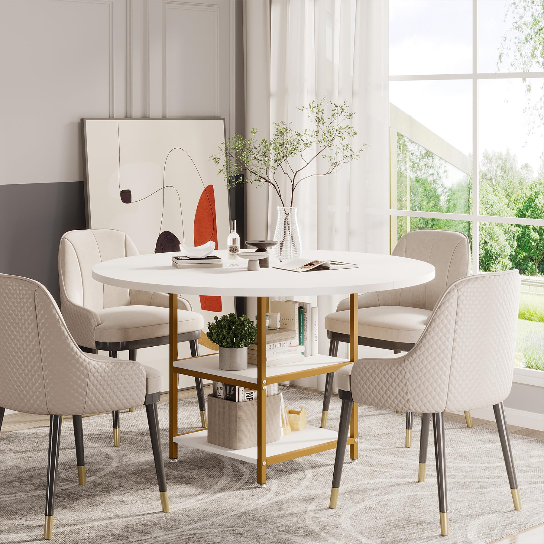 Tribesigns 47 Inch Round Dining Table with Storage Shelves - White Gold Kitchen Table for 4 People, Perfect for Dining Room, Kitchen & Small Space Living Room | Modern & Space-Saving Design