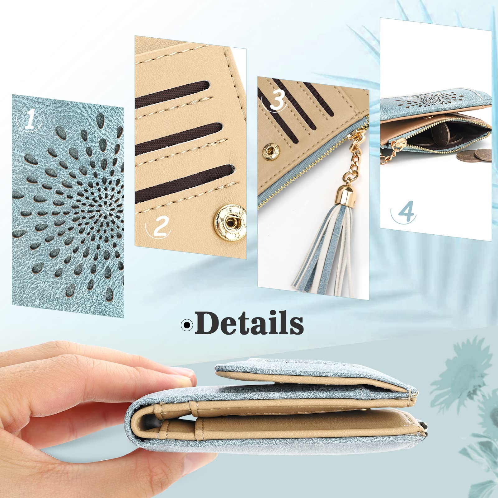 APHISON Small RFID Blocking Leather Wallet for Women - Cute Sunflower Bifold Wallet with Zipper & Tassel, Compact ID Card Holder & Coin Purse (Blue) | Perfect for Everyday Use, Travel & Gift Giving