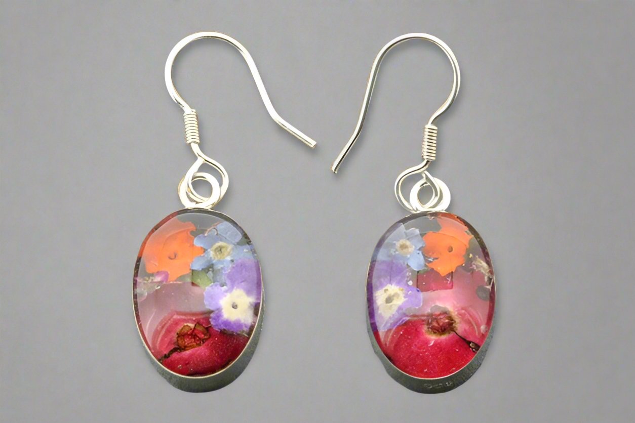 Handmade Resin Flower Earrings with Sterling Silver - Oval Floral Jewelry for Women - Perfect for Weddings, Parties & Everyday Wear