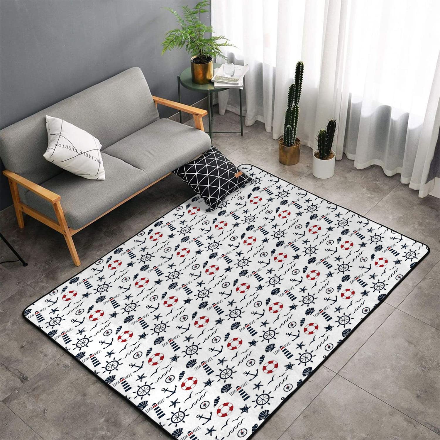 Nautical Anchor & Compass Indoor Area Rug - 67x102 Inch Modern Living Room Carpet with Waves, Helms & Animal Silhouettes in Indigo Red White | Coastal Decor, Beach House, Nautical Theme Bedroom