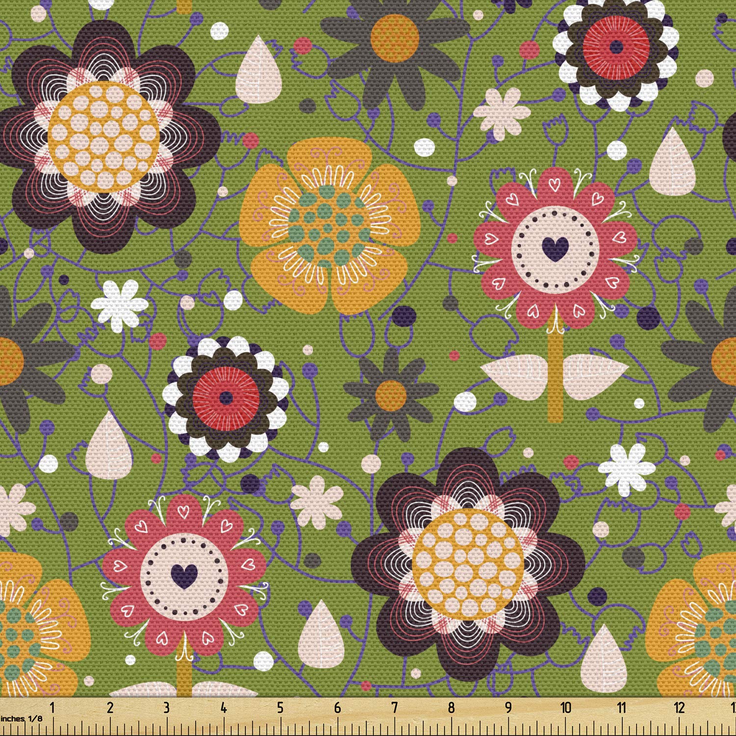 Ambesonne Floral Fabric by The Yard - Spring Nature Botanical Pattern with Abstract Flowers - Decorative Upholstery & Home Accent Fabric - 1 Yard Olive Green Multicolor - Perfect for DIY Curtains, Pillow Covers & Table Runners