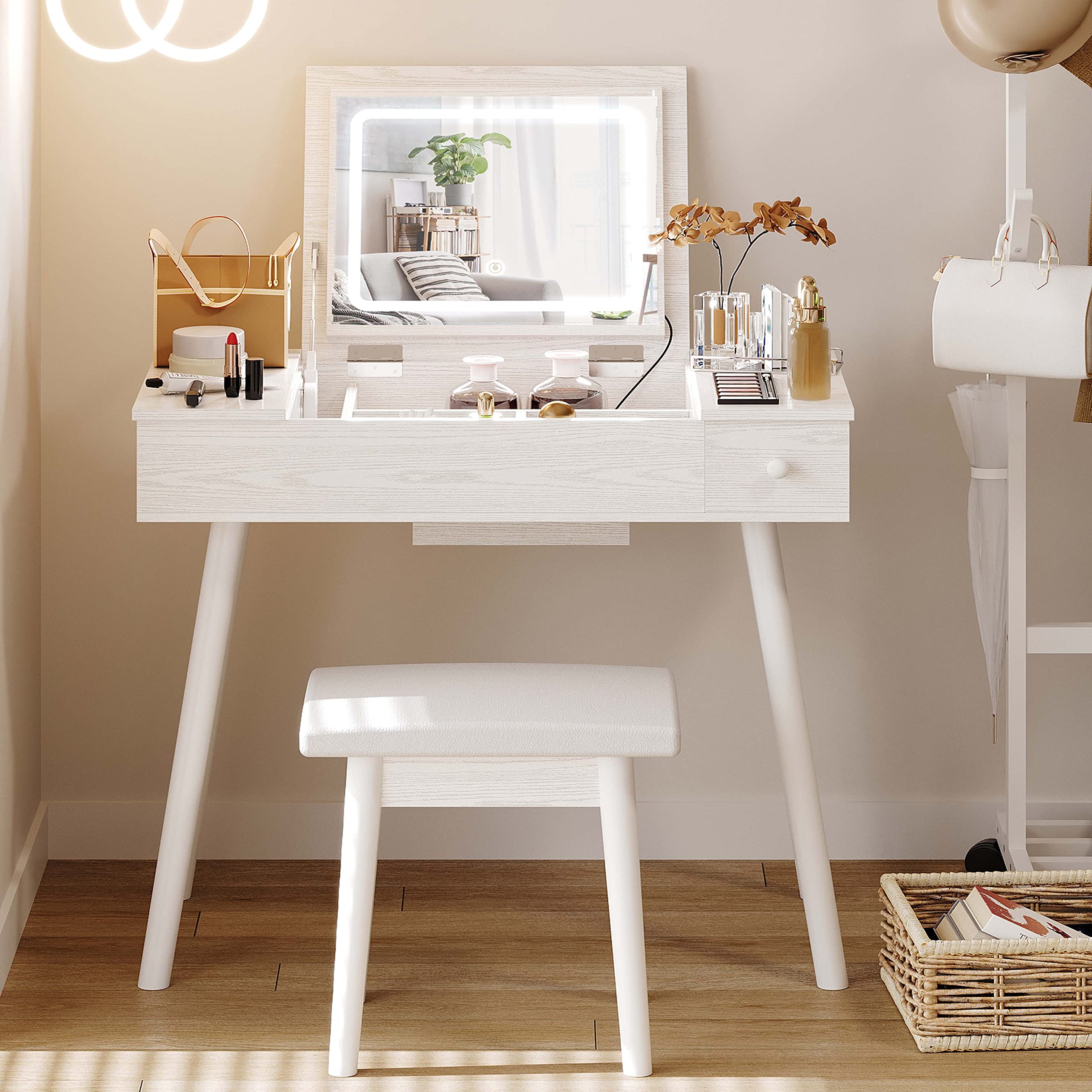 IRONCK Vanity Desk Set with LED Lighted Mirror & Power Outlet, Flip Top Makeup Vanity Table with Drawers & Cabinet - Black Dressing Table for Bedroom & Bathroom | Perfect for Makeup Application, Skincare Routine & Hair Styling