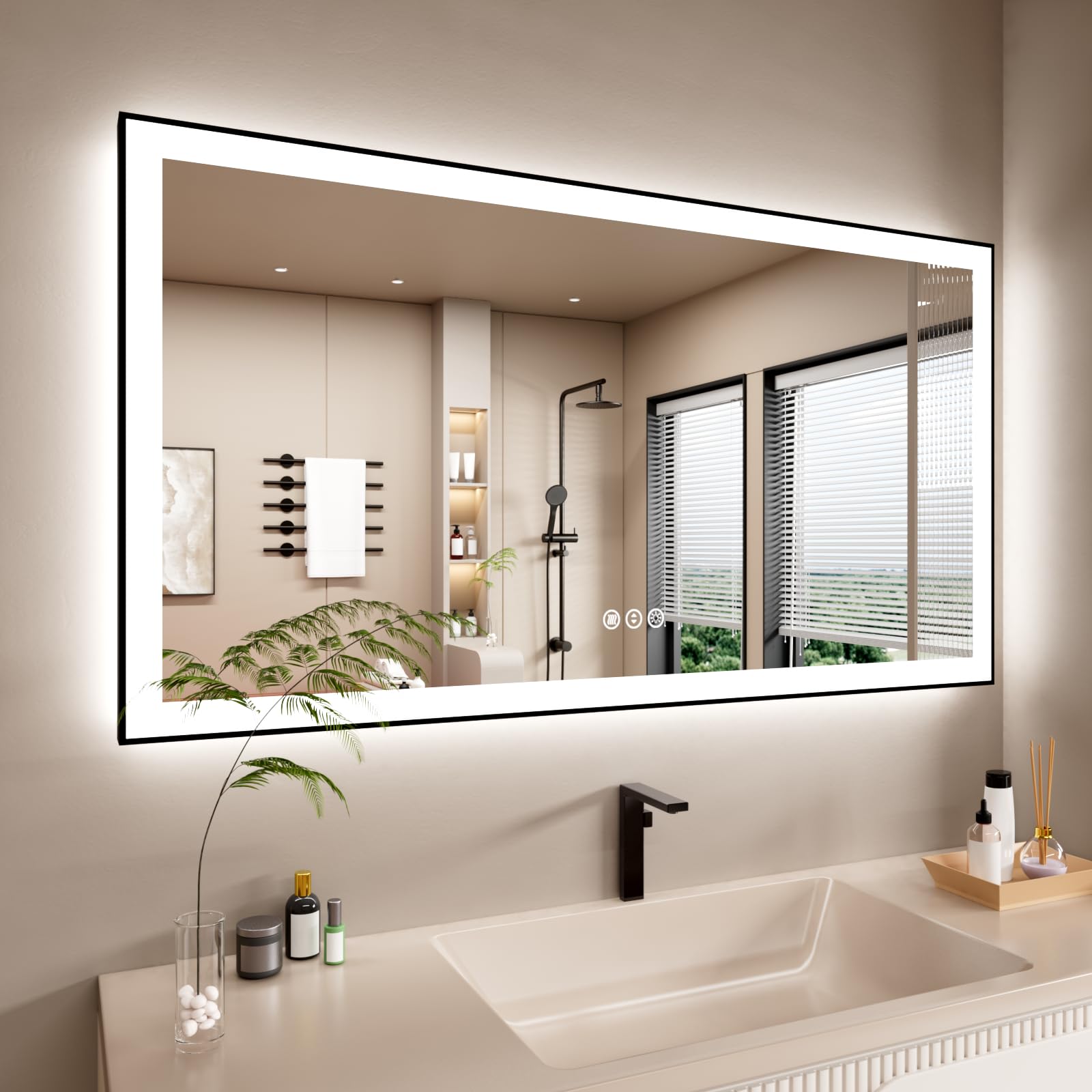 55x30 Inch LED Bathroom Mirror with Black Frame - Anti-Fog, Dimmable, Shatterproof Backlit Vanity Mirror with Memory Function | Perfect for Modern Bathrooms, Makeup Application and Home Decor