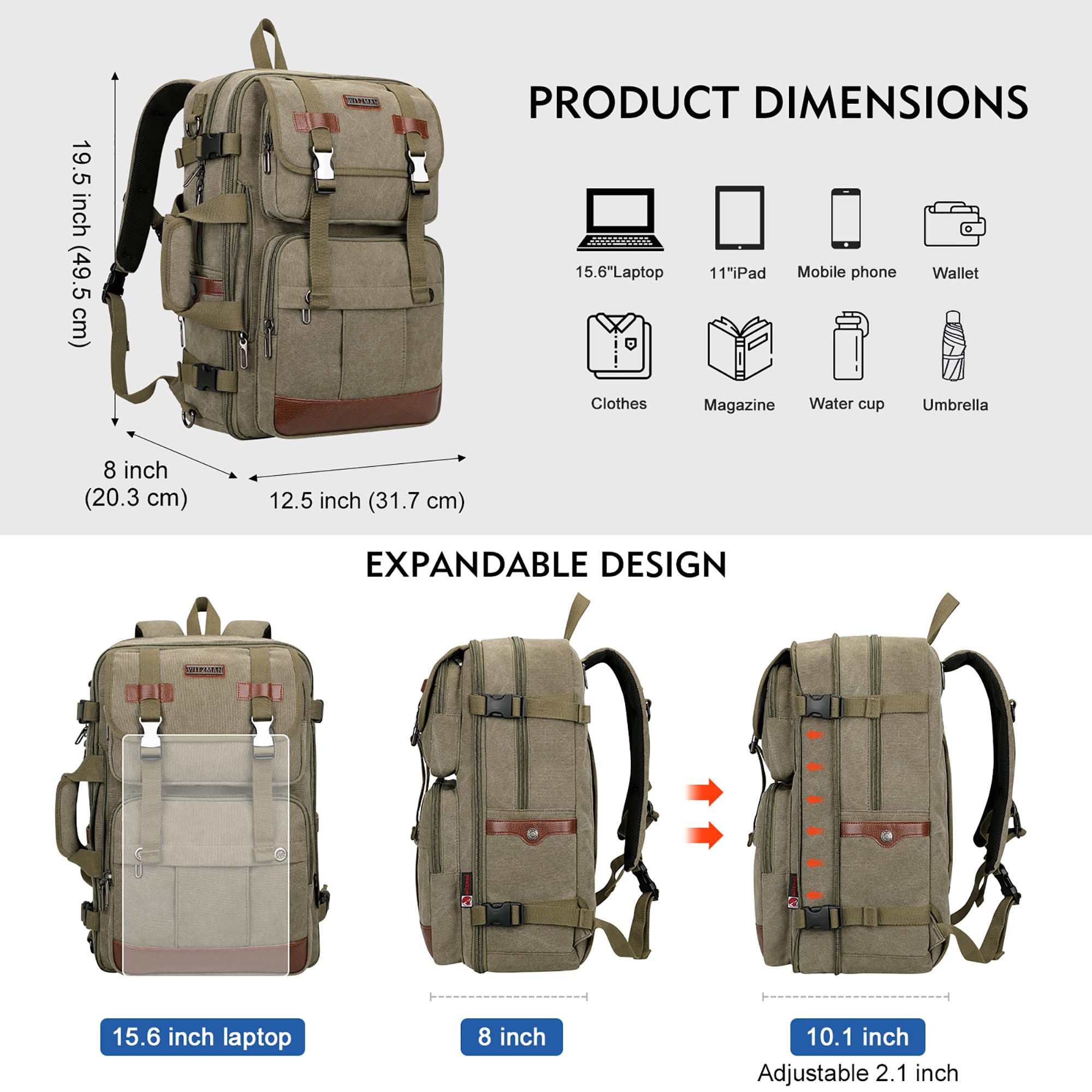 WITZMAN Men's Large Canvas Travel Backpack - 17 Inch Laptop Backpack, Airline Approved Carry-on, Convertible Shoulder Rucksack (Army Green) - Perfect for Business Trips, College & Outdoor Adventures