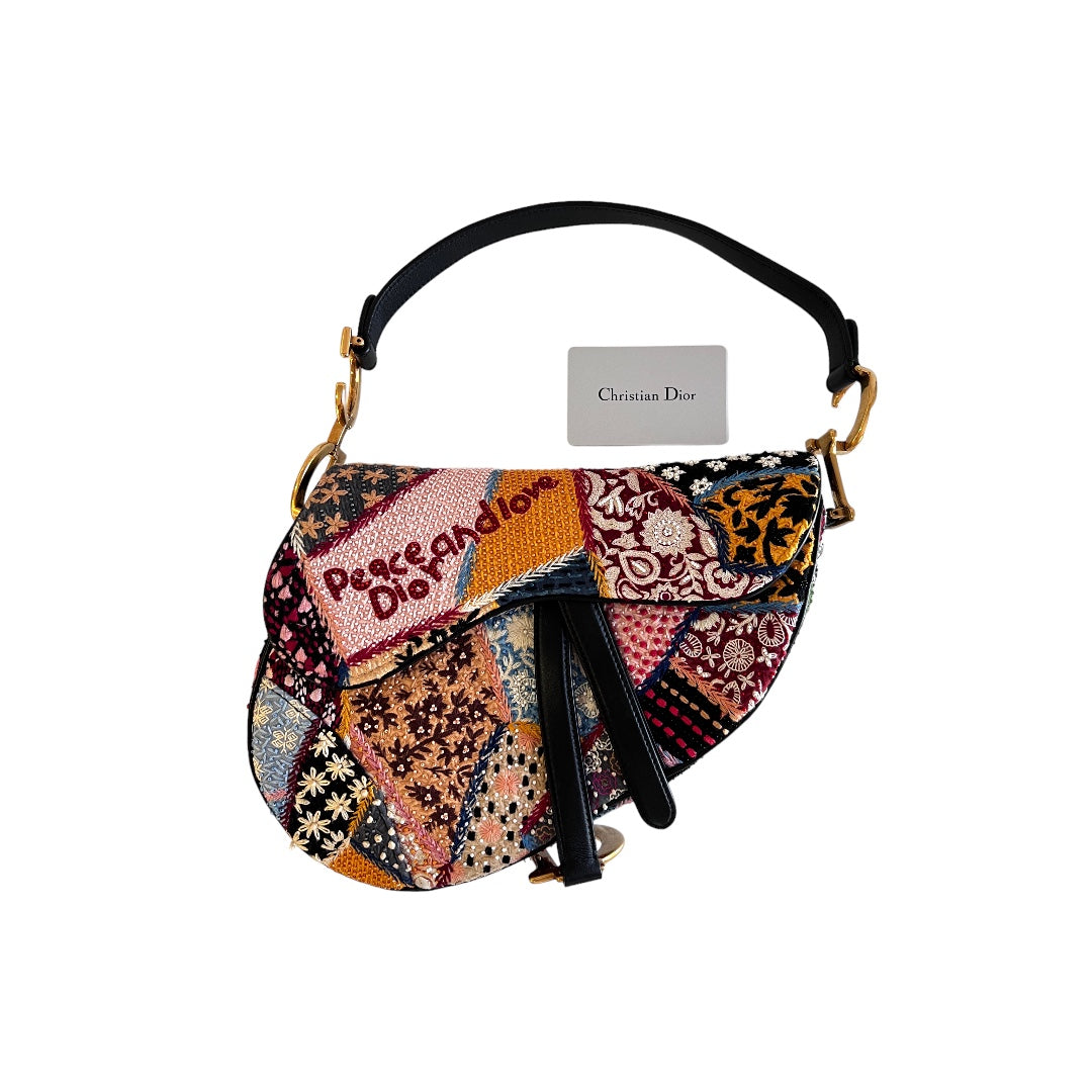 Dior Embroidered Beaded Saddle Bag - Large Size, Peace & Love Design | Luxury Crossbody Bag for Women, Perfect for Parties, Weddings & Everyday Use