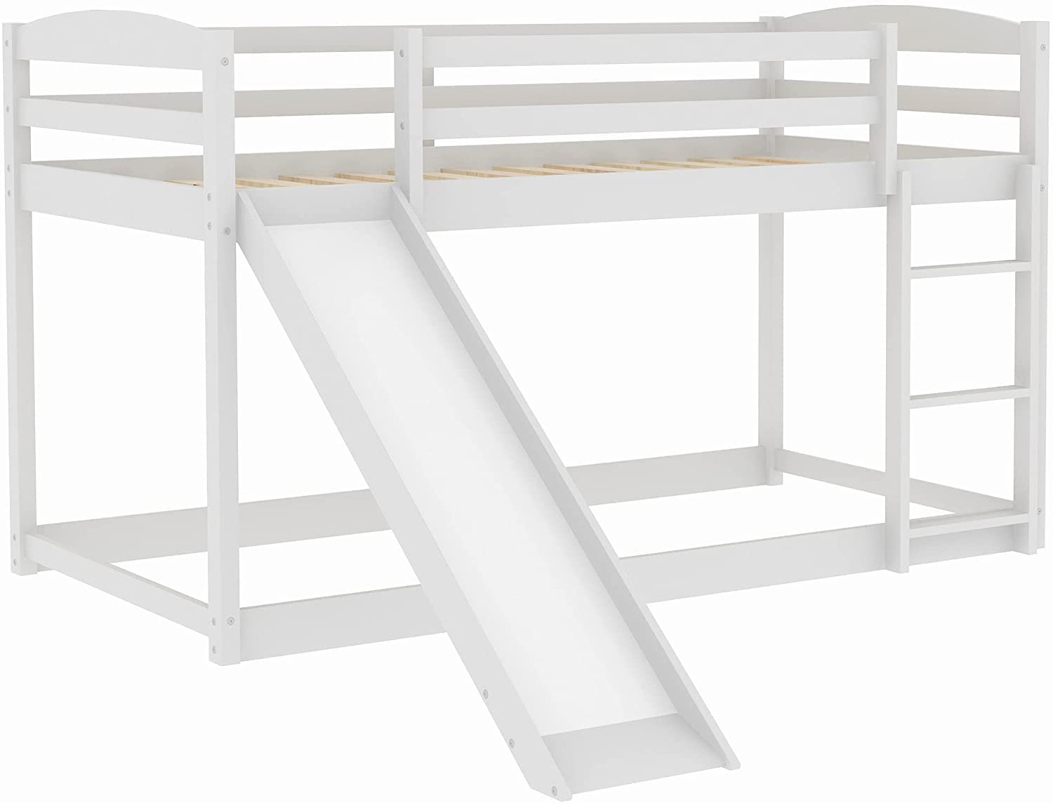 Harper & Bright Designs Twin Over Twin Wooden Bunk Bed with Slide & Ladder - Low Profile Kids Bunk Bed for Toddler Boys & Girls, White - Perfect for Small Bedrooms, Playrooms & Sleepovers