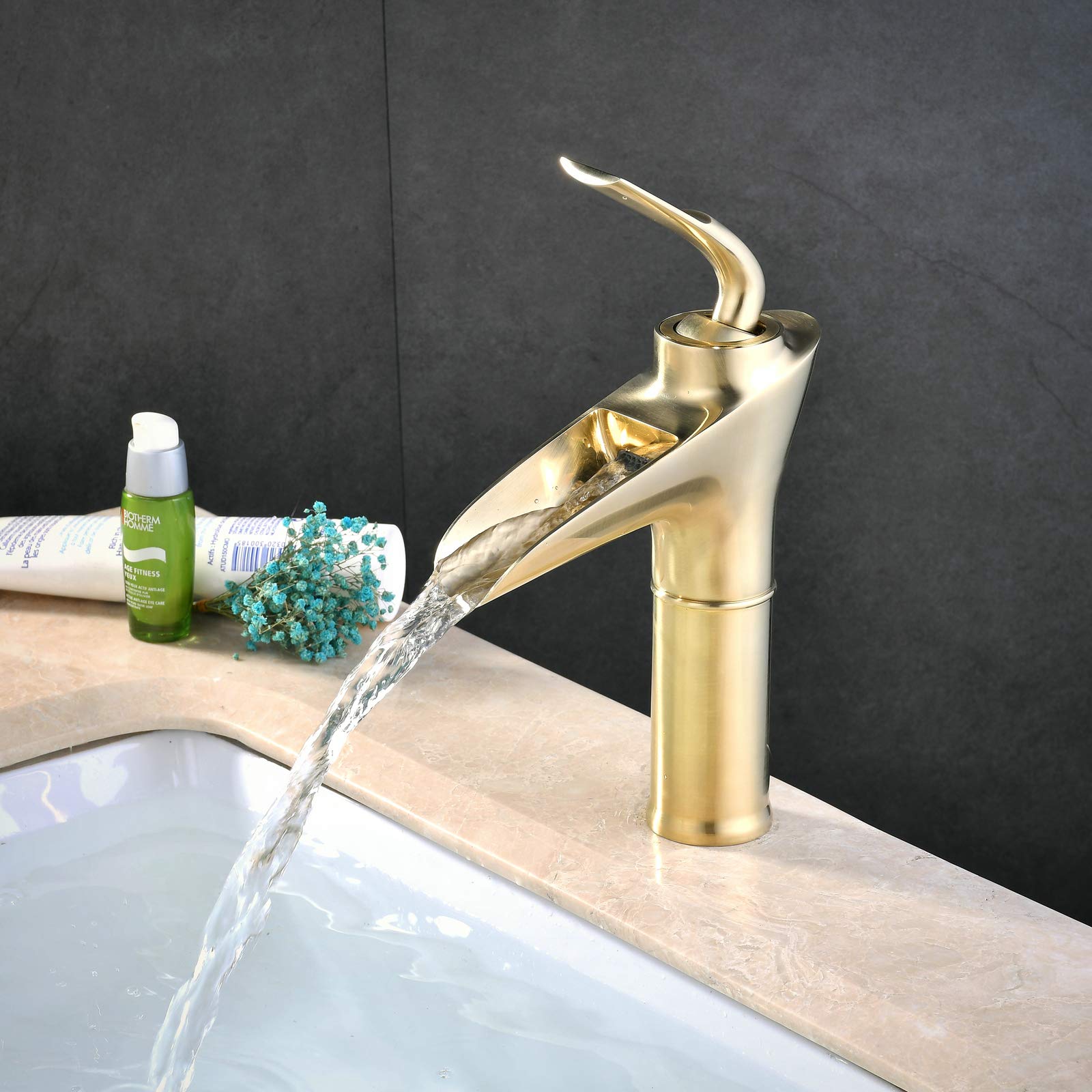 SHUNLI Brushed Gold Single Hole Bathroom Faucet - Solid Brass Waterfall Bathroom Sink Faucet with Single Handle for Vanity & Commercial Use - Perfect for Modern Home, Hotel, and Restaurant Bathrooms