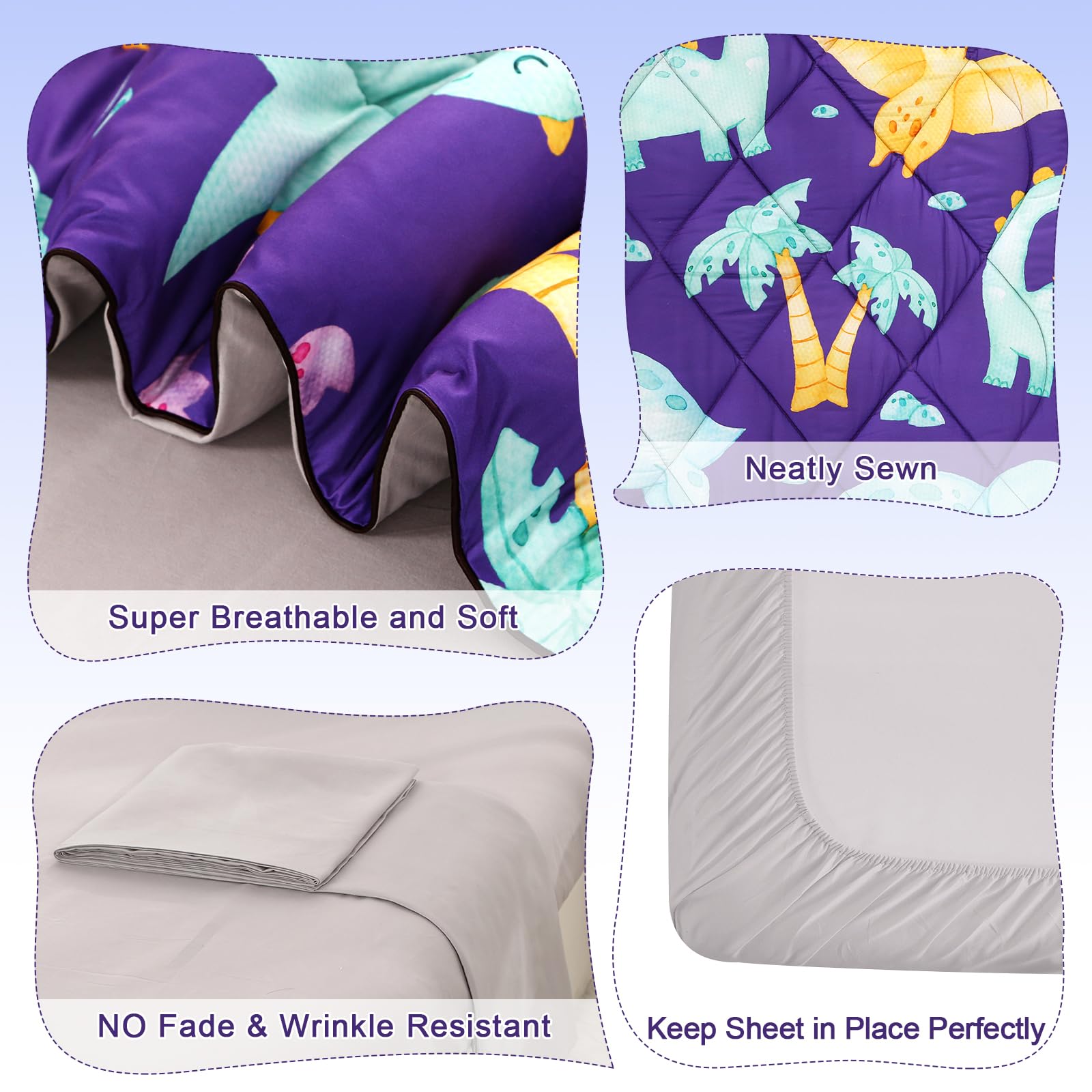 Wowelife Dinosaur Toddler Bedding Set for Boys - Premium 4 Piece Comforter Set (Flat Sheet, Fitted Sheet, Comforter & Pillowcase) - Soft Purple Dino Themed Bedding for Kids Room Decor & Cozy Nursery Sleep