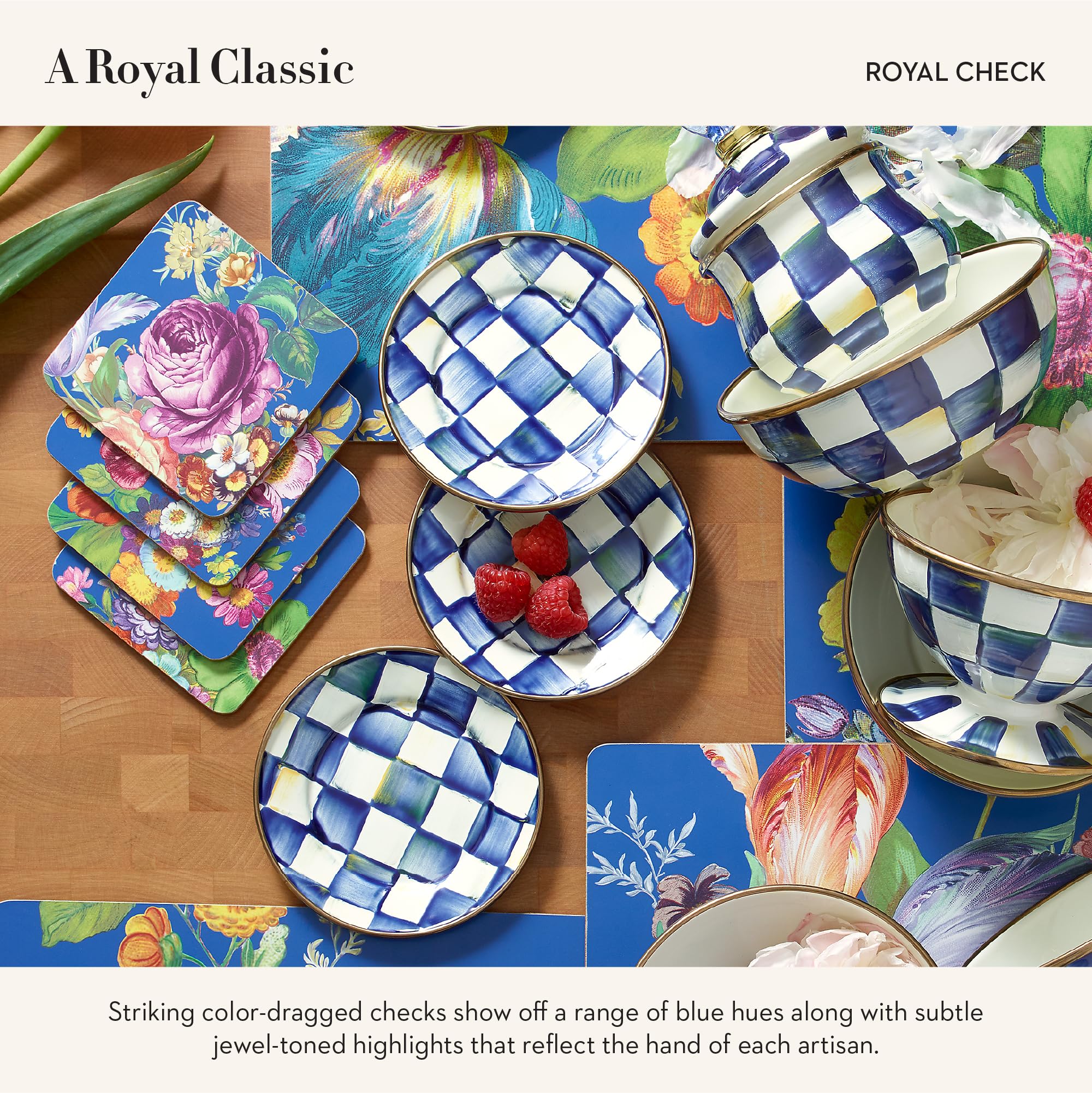 MACKENZIE-CHILDS 4-Piece Blue and White Royal Check Enamel Appetizer Plates Set - 5 Inch Mini Dessert Plates for Parties, Tea Time & Elegant Dining