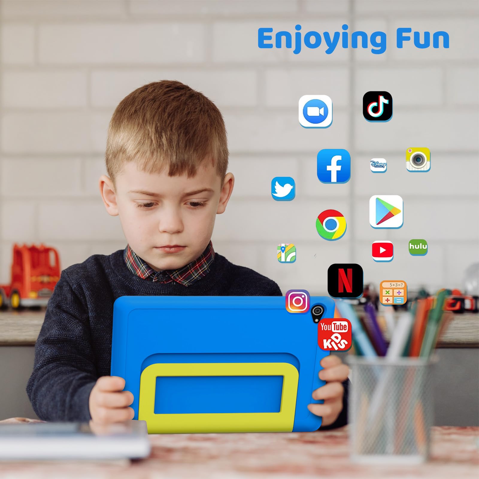 Mouikei 10 Inch Android 14 Kids Tablet - Octa Core Processor, 8GB RAM 64GB ROM, 1TB Expandable Storage, 5000mAh Battery, WiFi, Bluetooth, Dual Camera - Blue | Educational Learning & Entertainment for Children