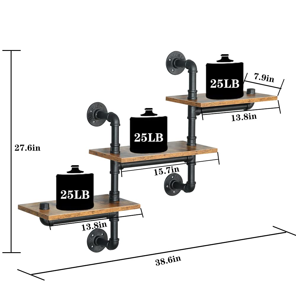 Industrial Pipe Shelving Kit - Heavy Duty Wall Mounted Floating Shelves with Reclaimed Wood Planks - Rustic Retro Shelf for Bar, Kitchen, Living Room & Home Office Decor - Perfect for Displaying Books, Plants & Decorative Items