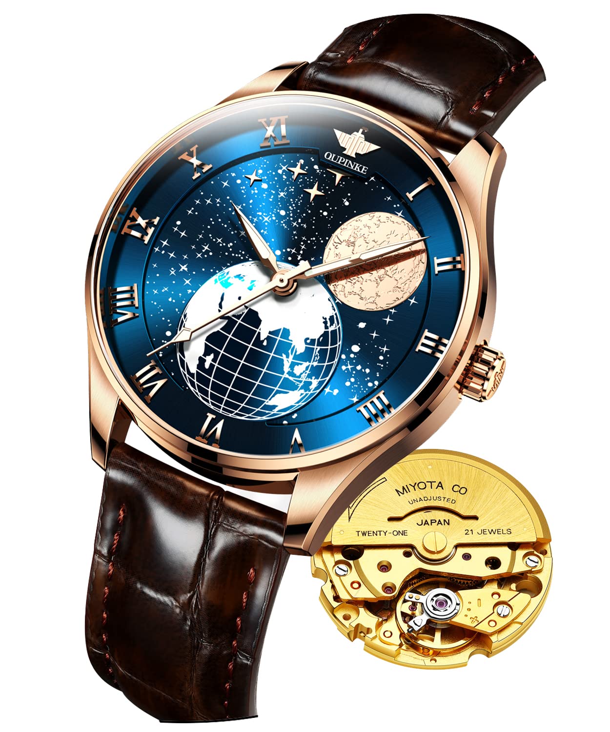 OUPINKE Men's Skeleton Automatic Mechanical Watch with Calendar, Sapphire Crystal, Tungsten Steel Case & Waterproof - Premium Dress Watch for Business, Formal Events & Everyday Wear