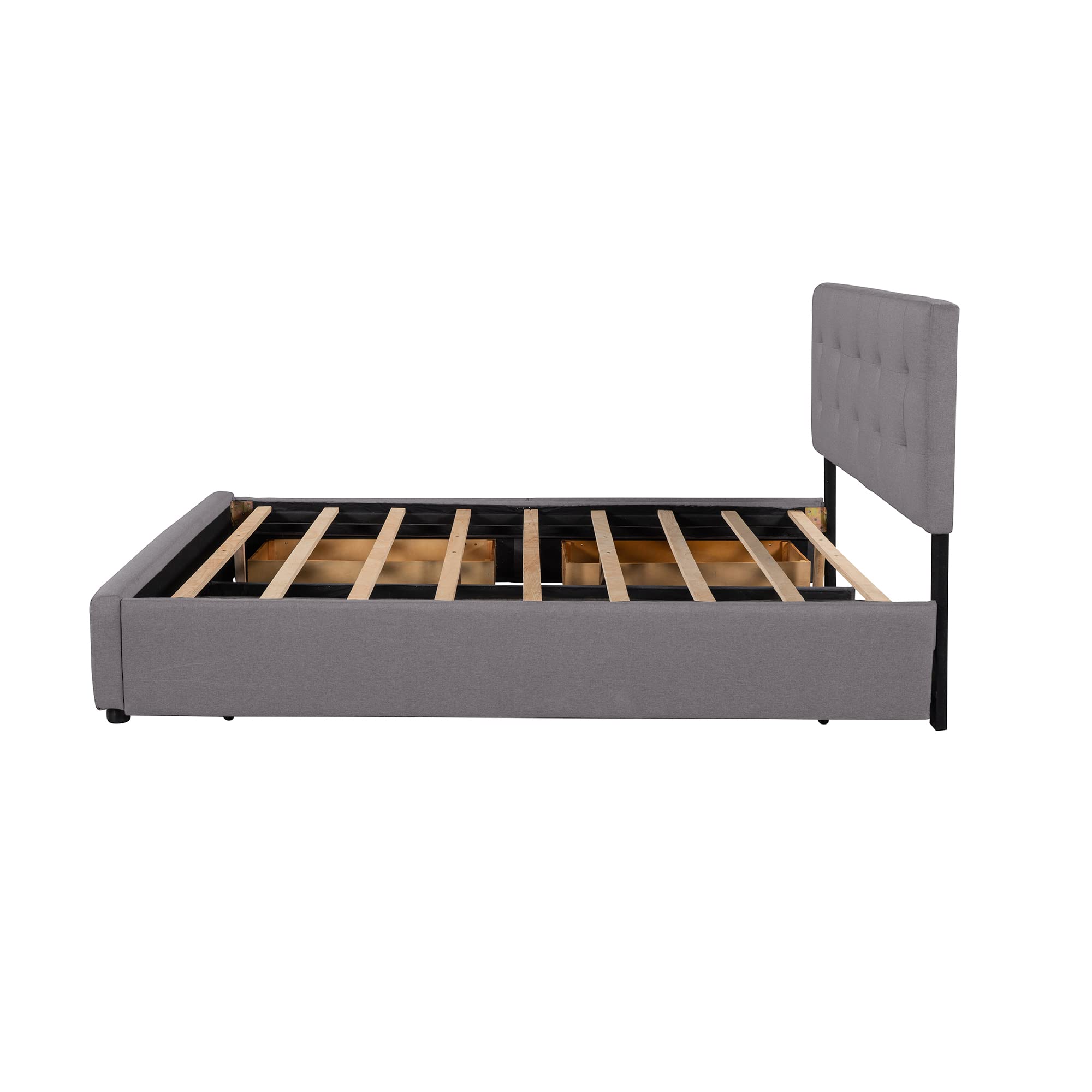 Queen Size Upholstered Platform Bed with 2 Storage Drawers & Twin XL Trundle - Light Gray Linen Fabric Wooden Bed Frame for Guest Room, Small Space & Modern Bedroom