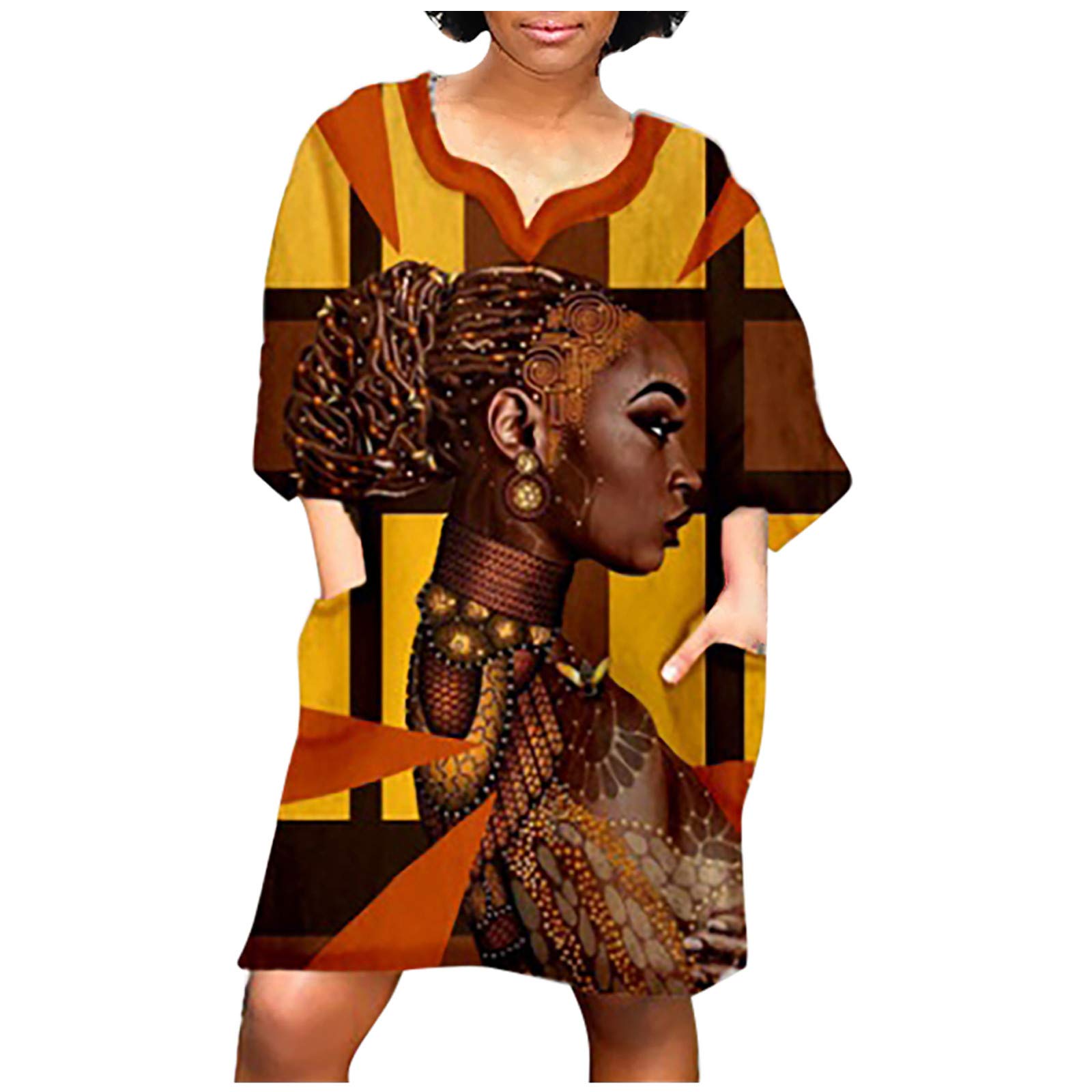 Vintage African Print Women's Mini Dress - Short Sleeve V-Neck Casual Little Black Dress for Party, Date Night & Summer Outings