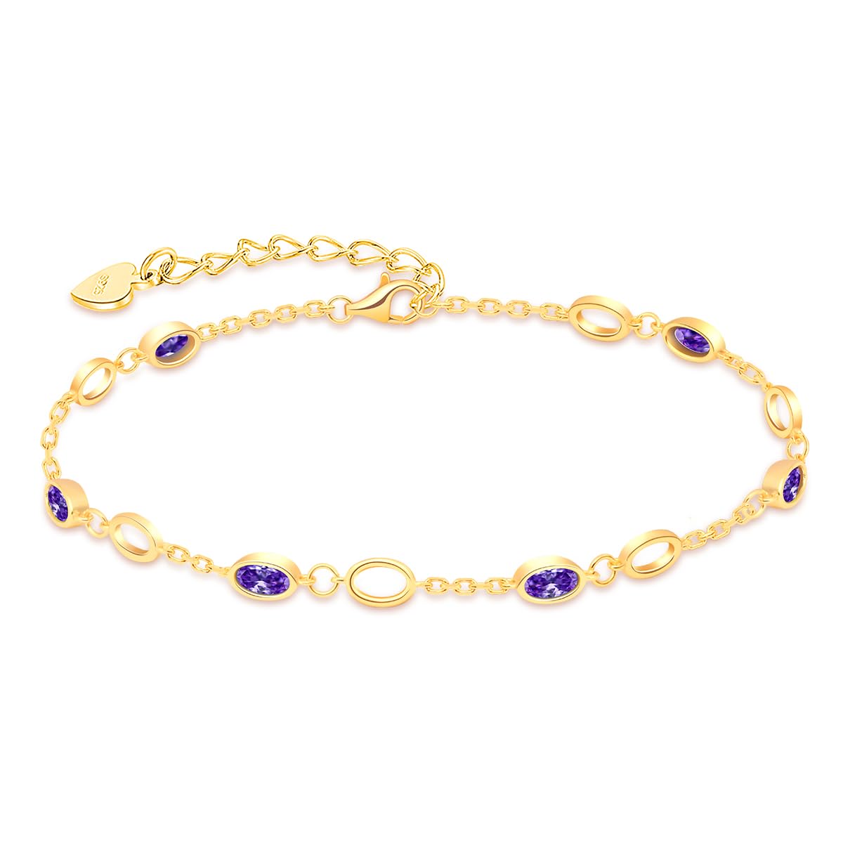 RIVIKO 925 Sterling Silver Gold Plated Birthstone Bracelet for Women - Adjustable Dainty Charm Link Bracelet, Anniversary Valentine's Christmas Birthday Gift for Her, Mom, Wife, Friend | Perfect for Everyday Wear, Special Occasions & Gift Giving